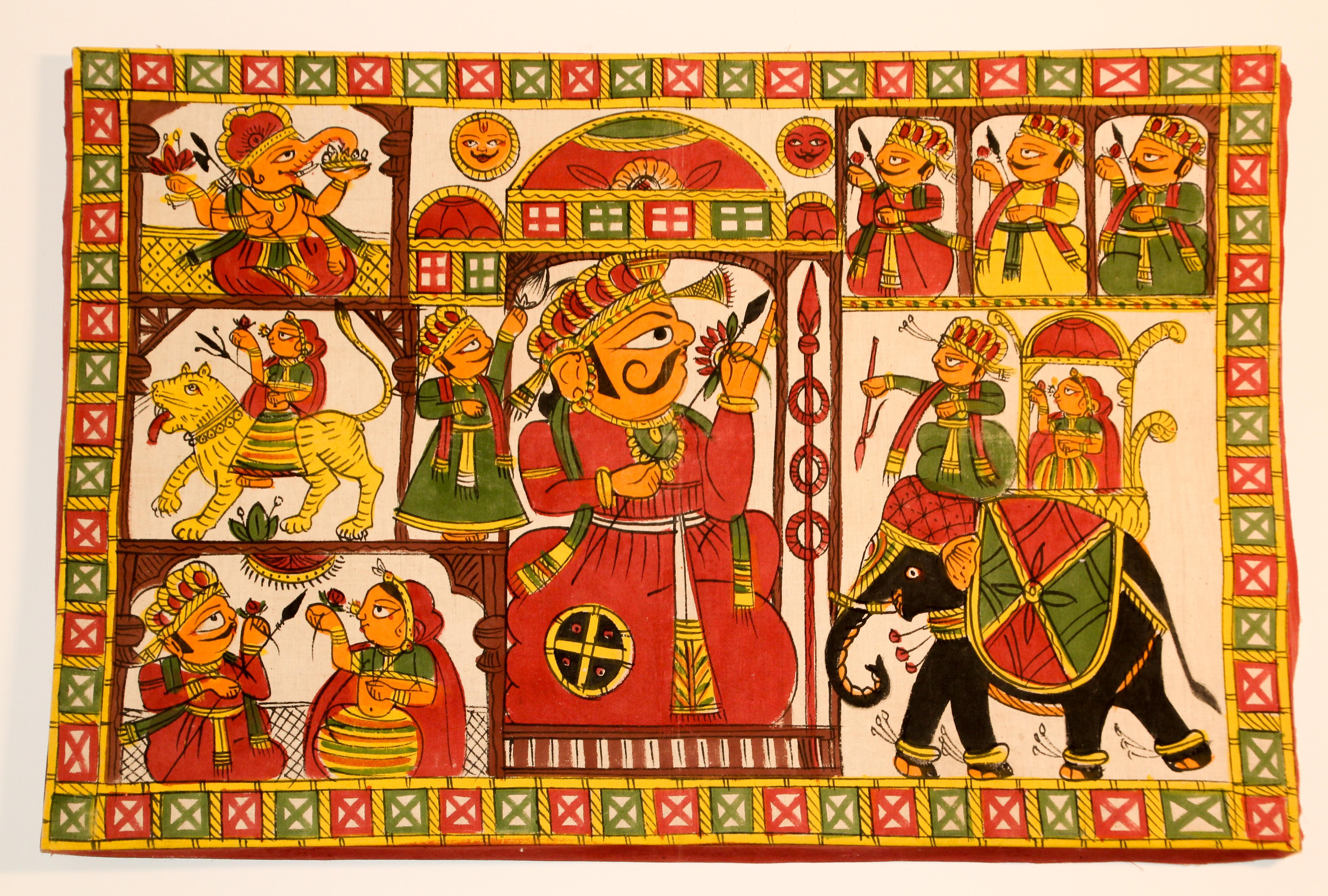 Asian Decorative Art Phad Painting Rajasthan Royal Procession.
Add a festive touch with this superbly hand painted Phad painting of a Rajput Royal Procession featuring the King and queen in a royal palanquin on elephant, Ganesh, Durga are