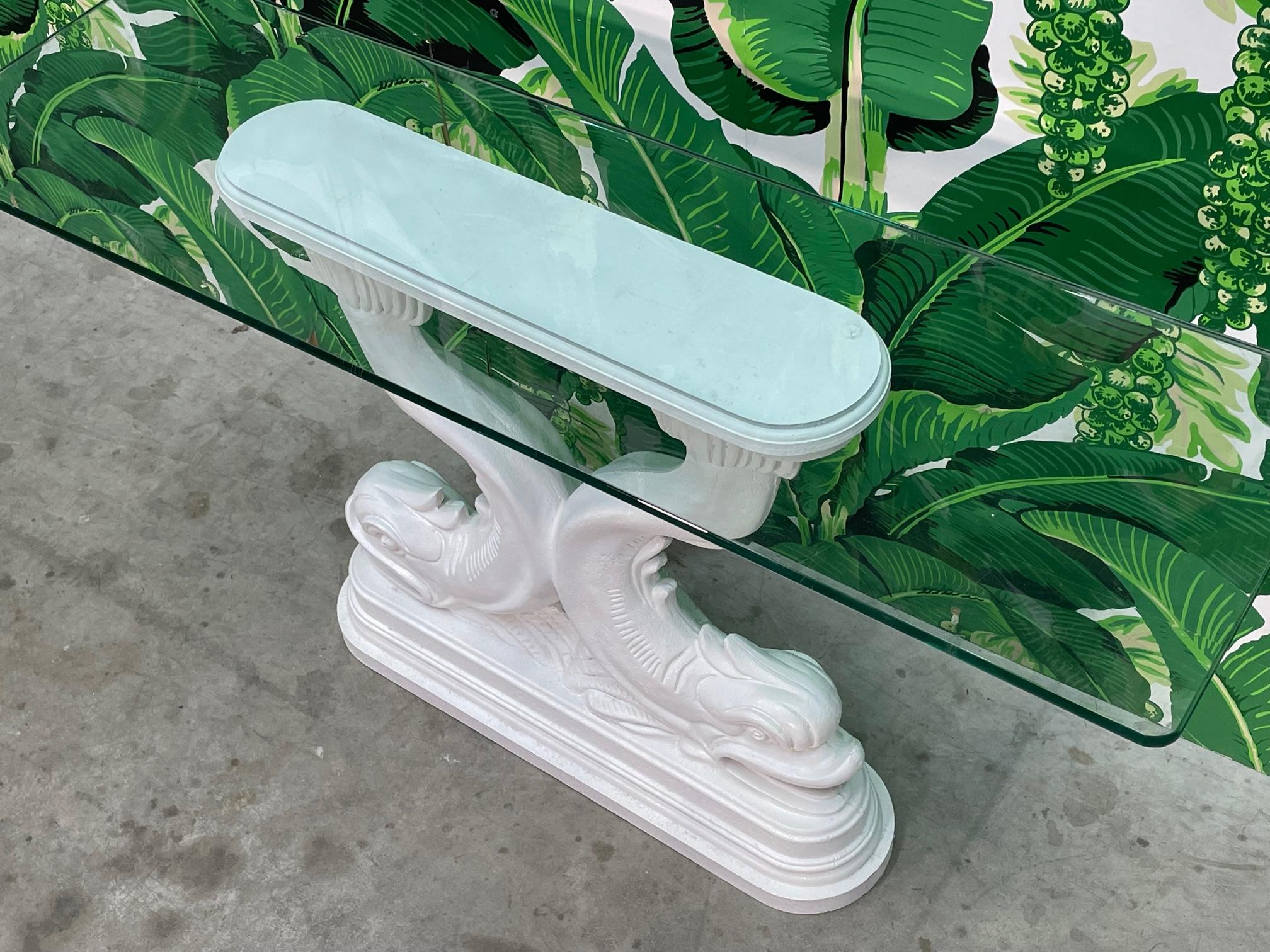 Glass Asian Dolphin Fish Sculptural Console Table For Sale