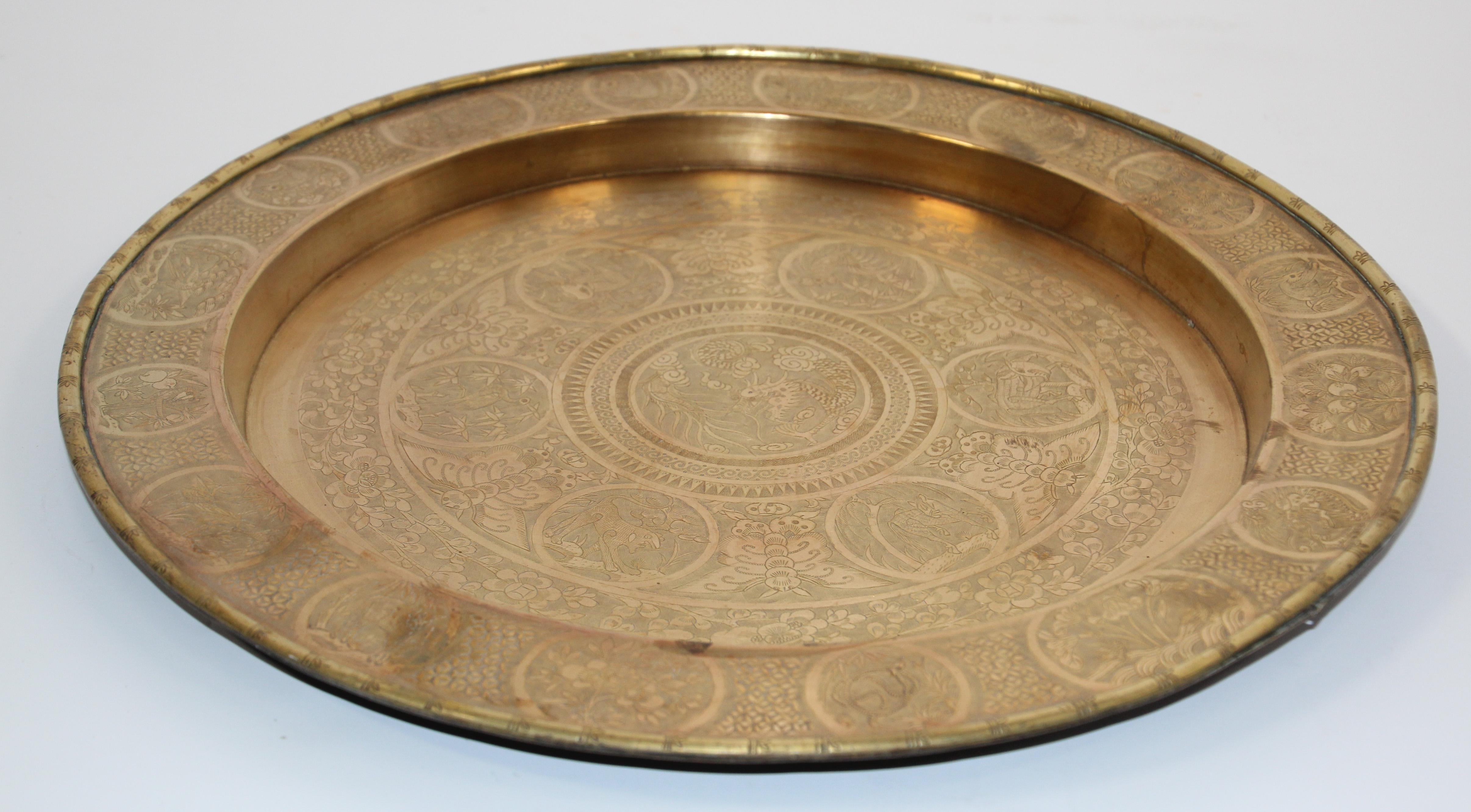 Asian Dragon Antique Round Brass Tray 7