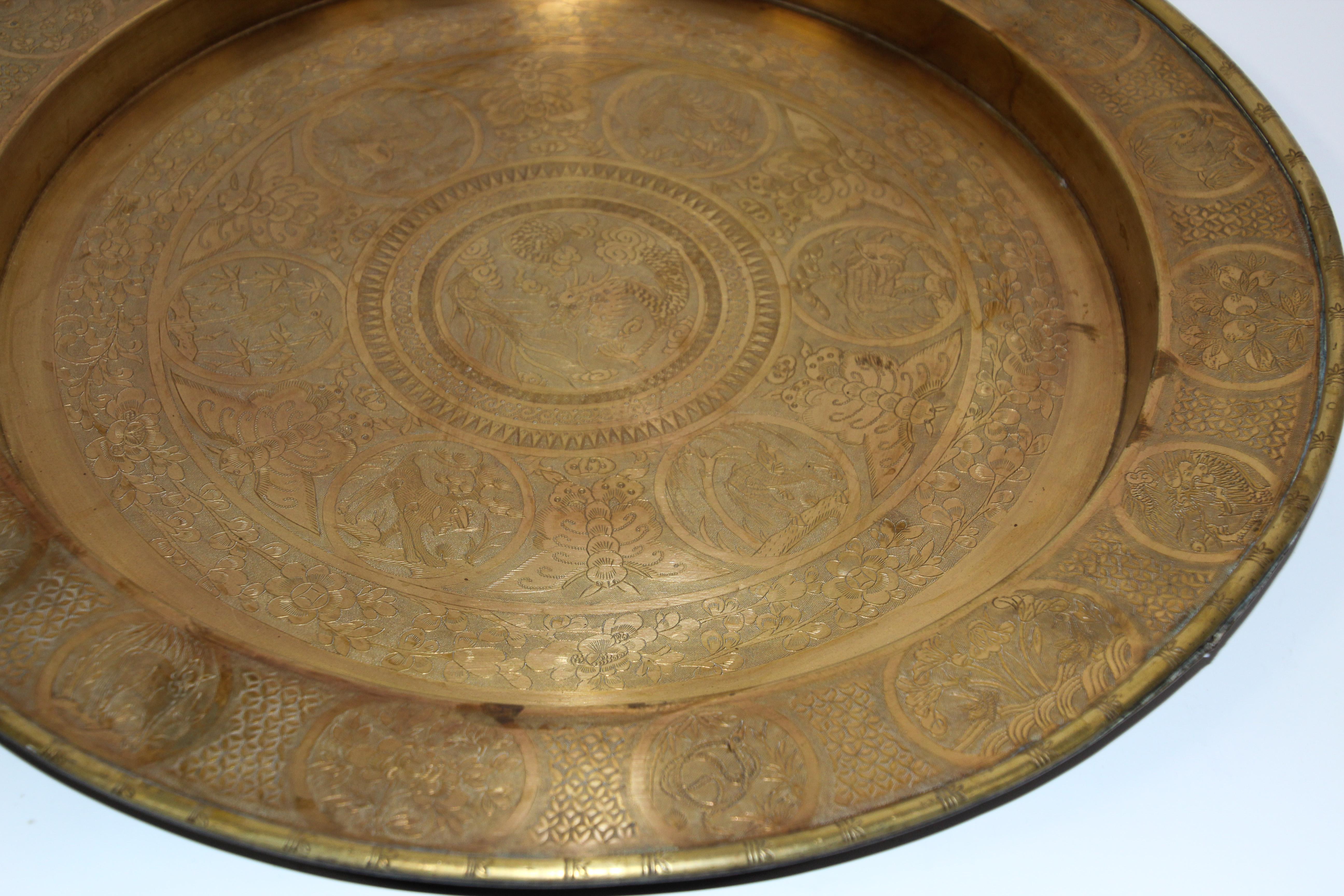 Asian Dragon Antique Round Brass Tray 8
