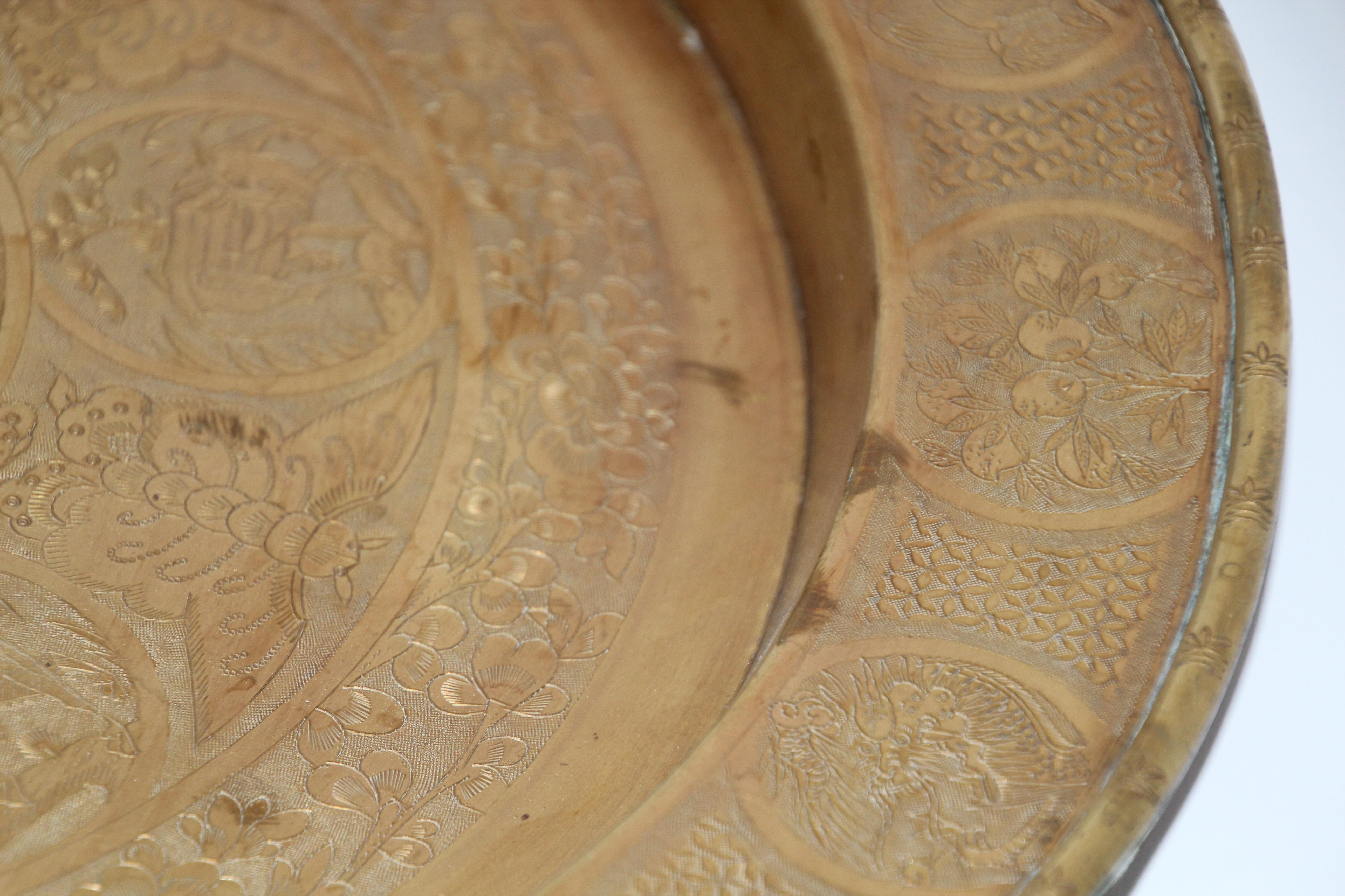Asian Dragon Antique Round Brass Tray 12