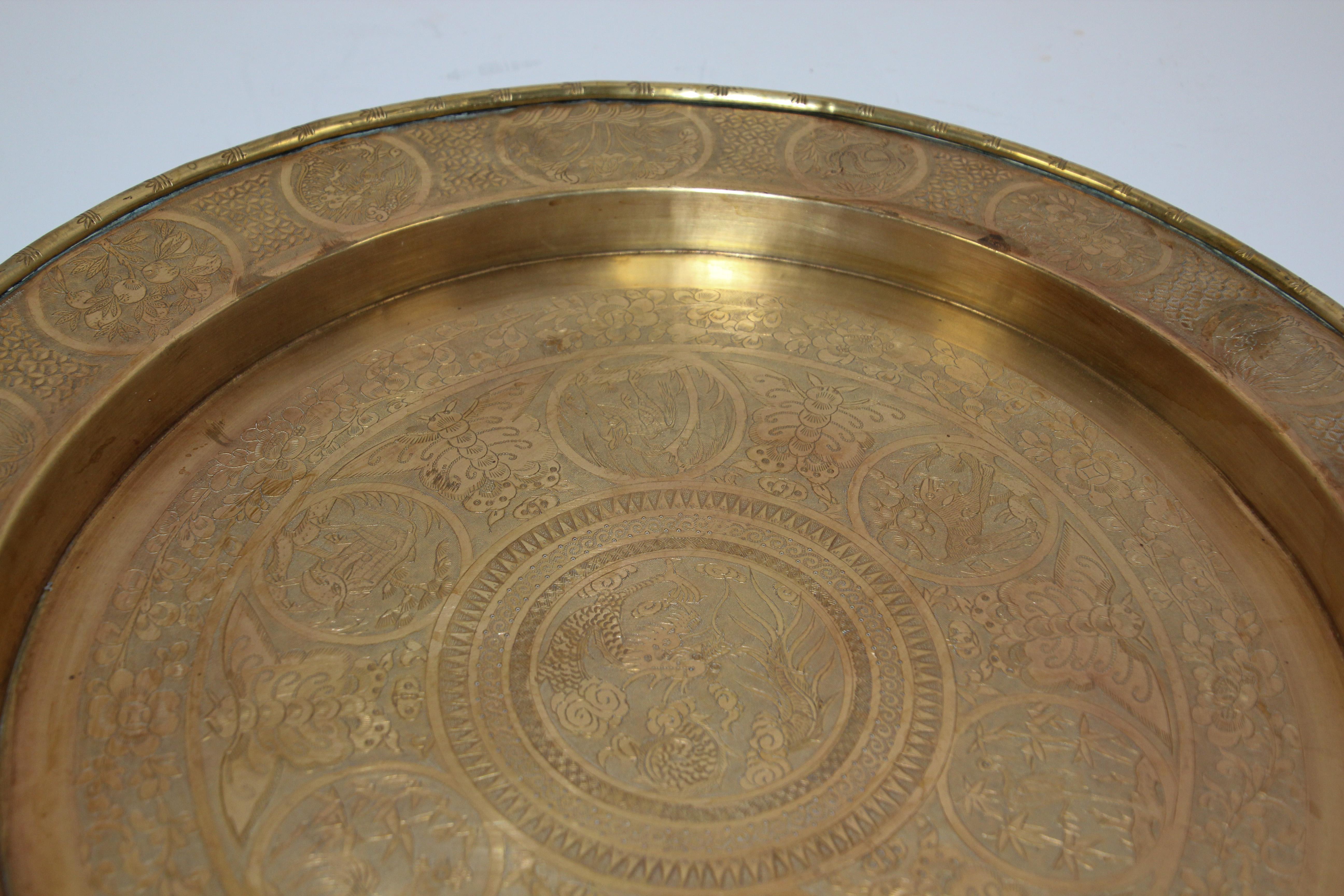 Asian Dragon Antique Round Brass Tray 19