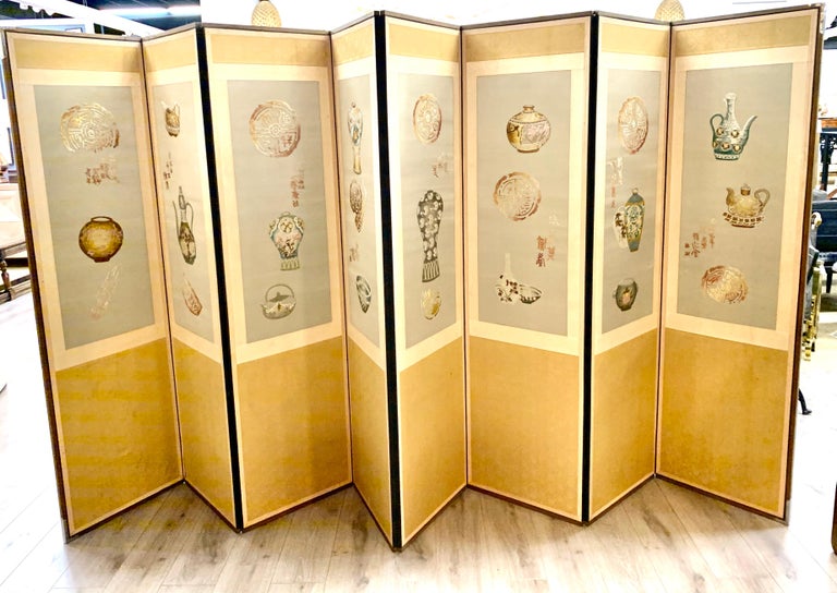 Asian Eight Panel Silk Embroidered Folding Screen Room Divider For Sale