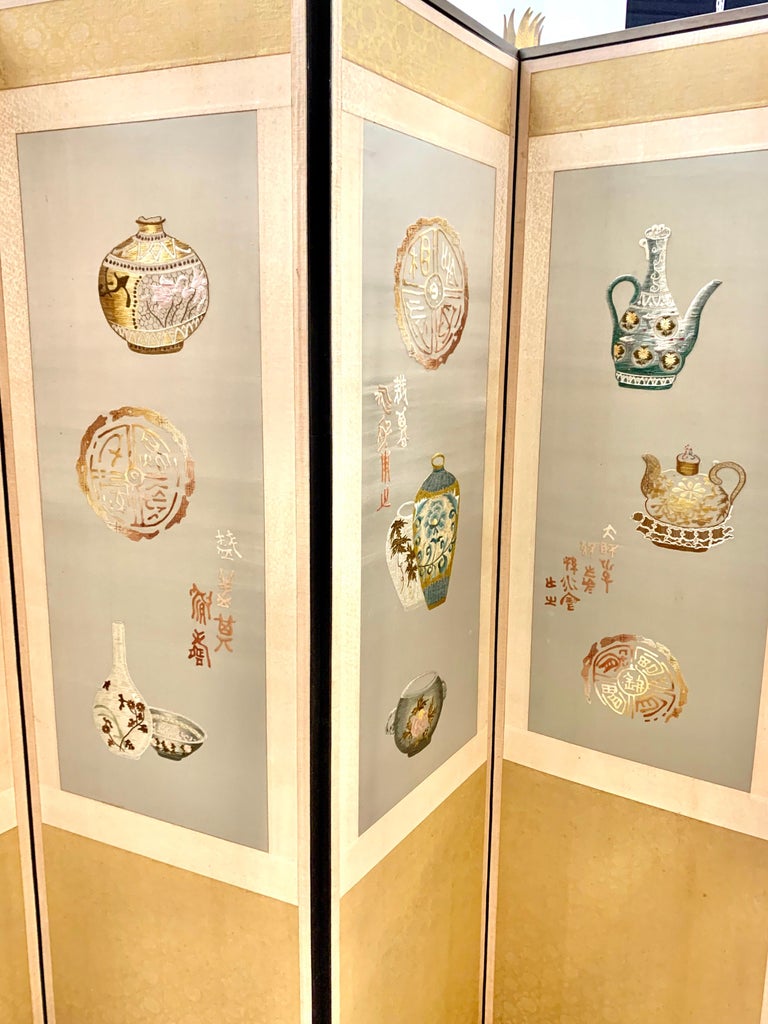 Asian Eight Panel Silk Embroidered Folding Screen Room Divider For Sale