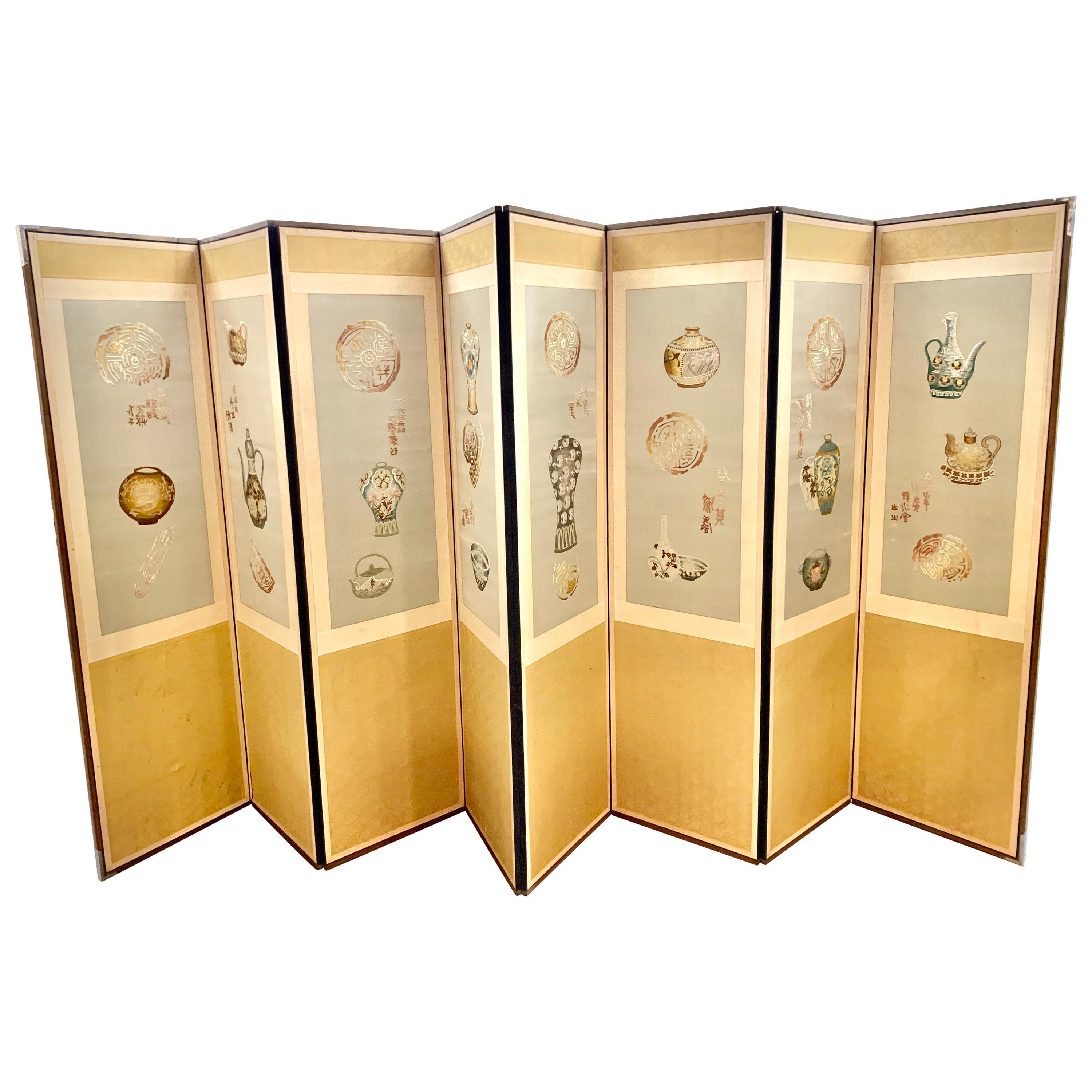 Asian Eight Panel Silk Embroidered Folding Screen Room Divider