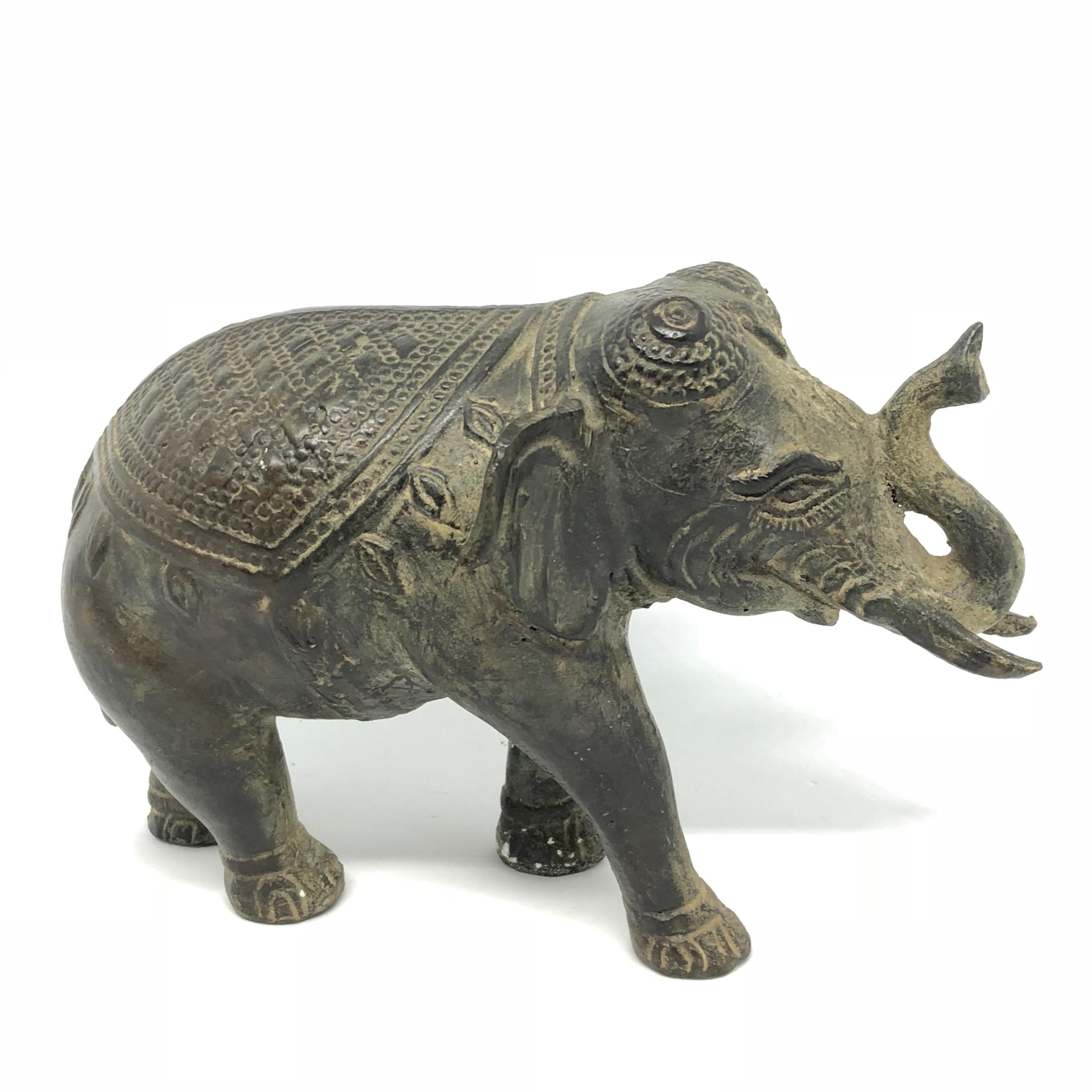 Folk Art Asian Elephant Bronze Brass Sculpture Statue Vintage, 1950s