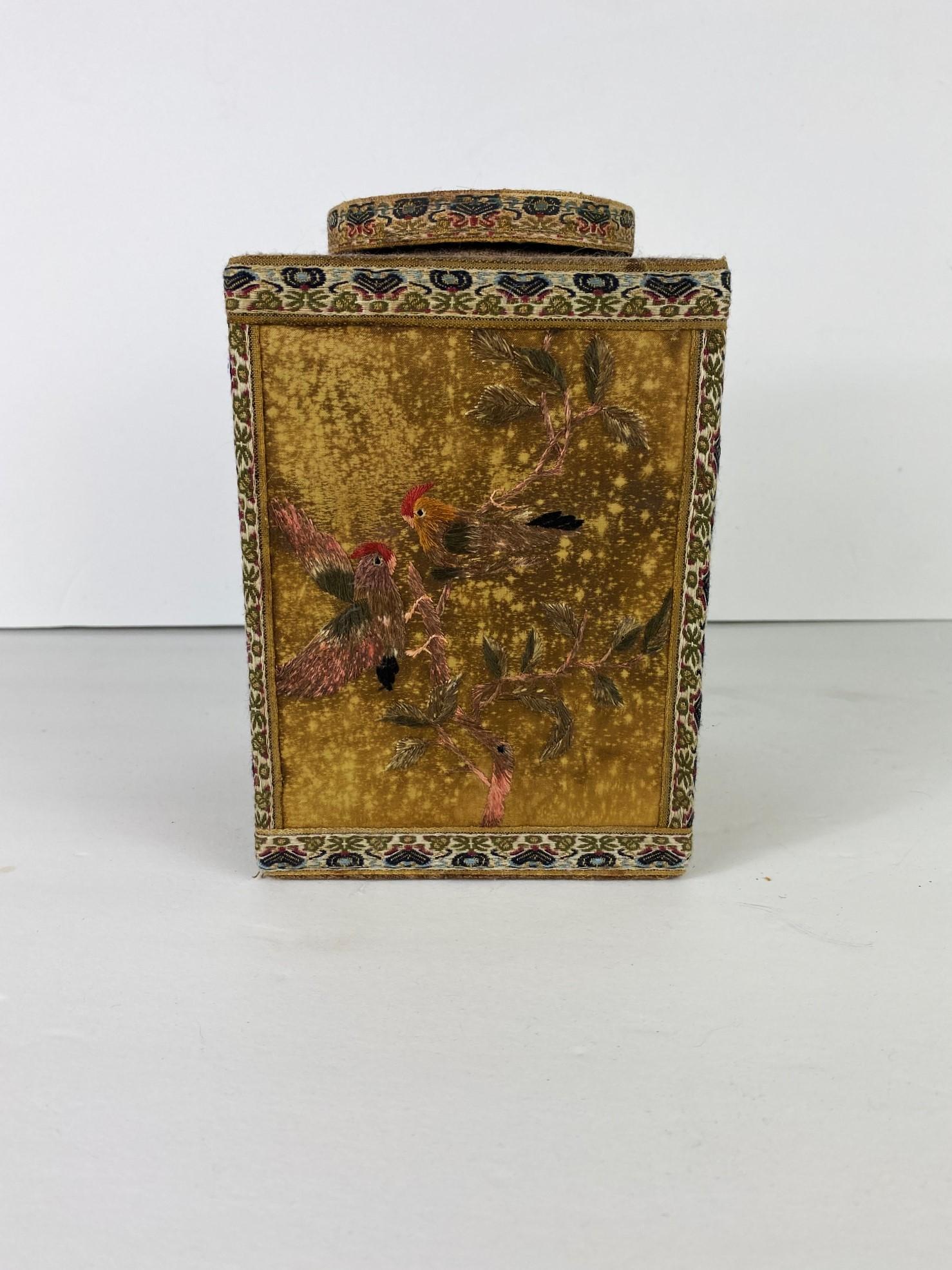 A handmade embroidery in birds and flowers Chinese tea caddy.