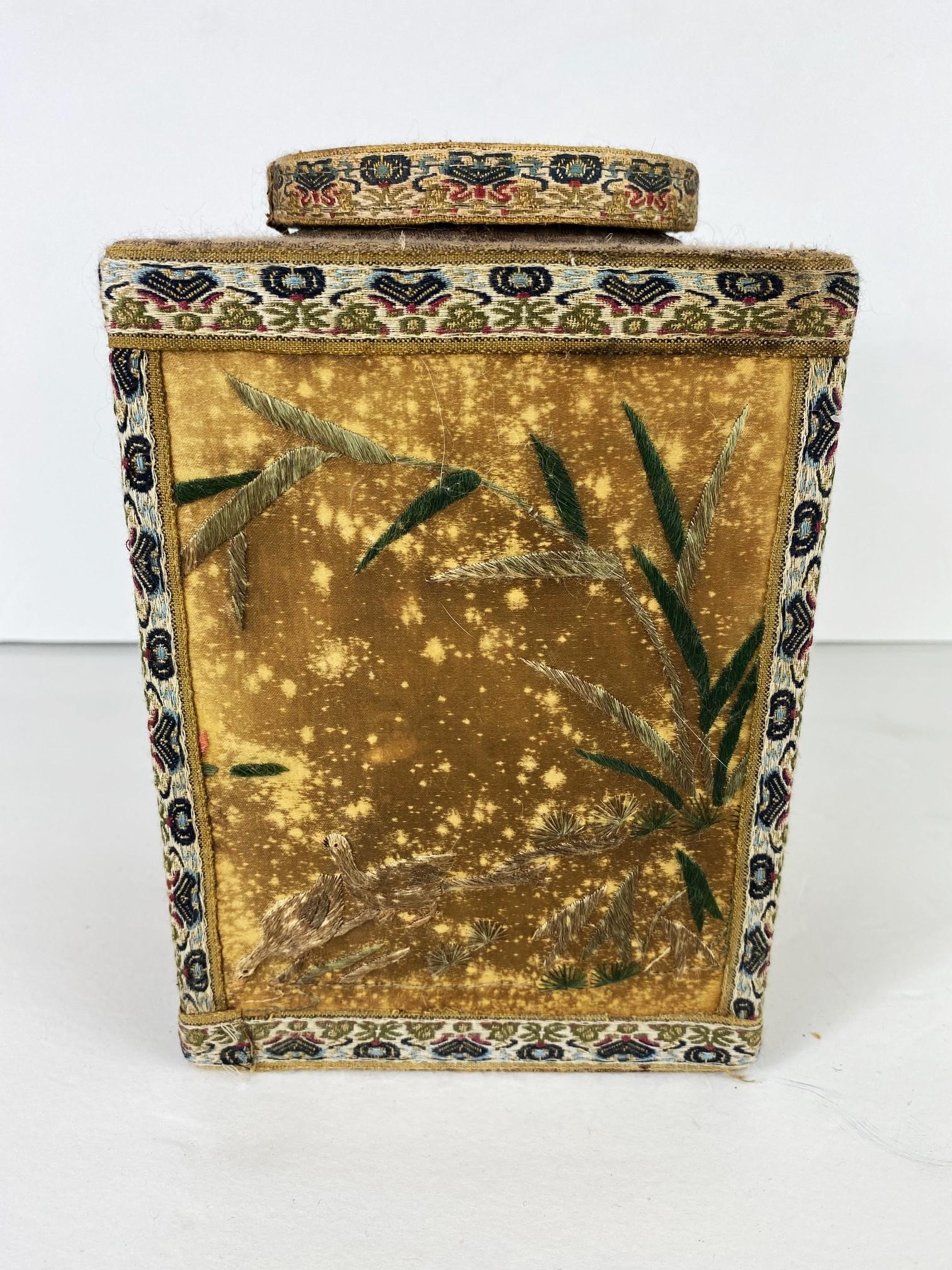 Asian Embroidery Tea Caddy In Distressed Condition For Sale In Pomona, CA