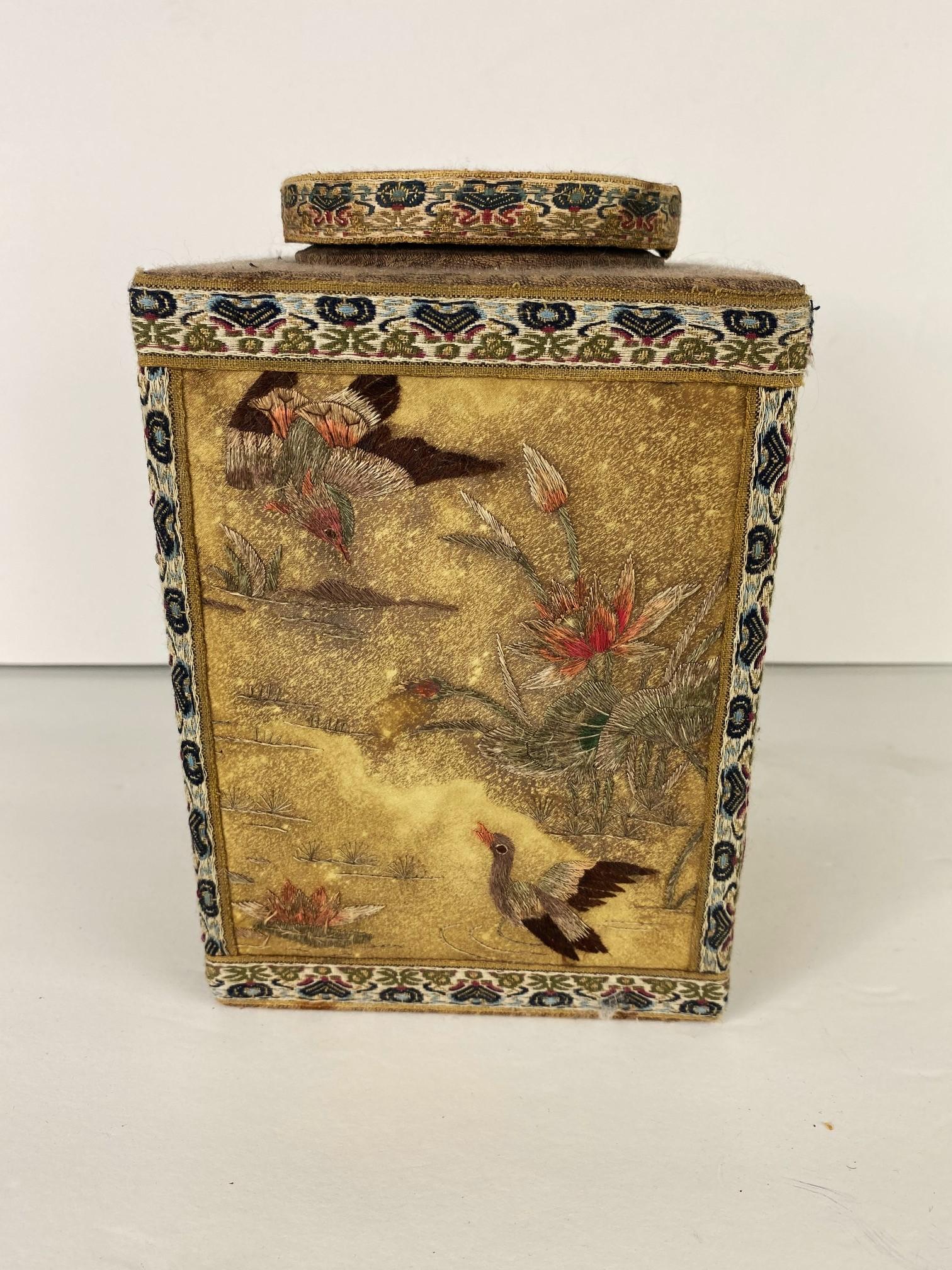 19th Century Asian Embroidery Tea Caddy For Sale