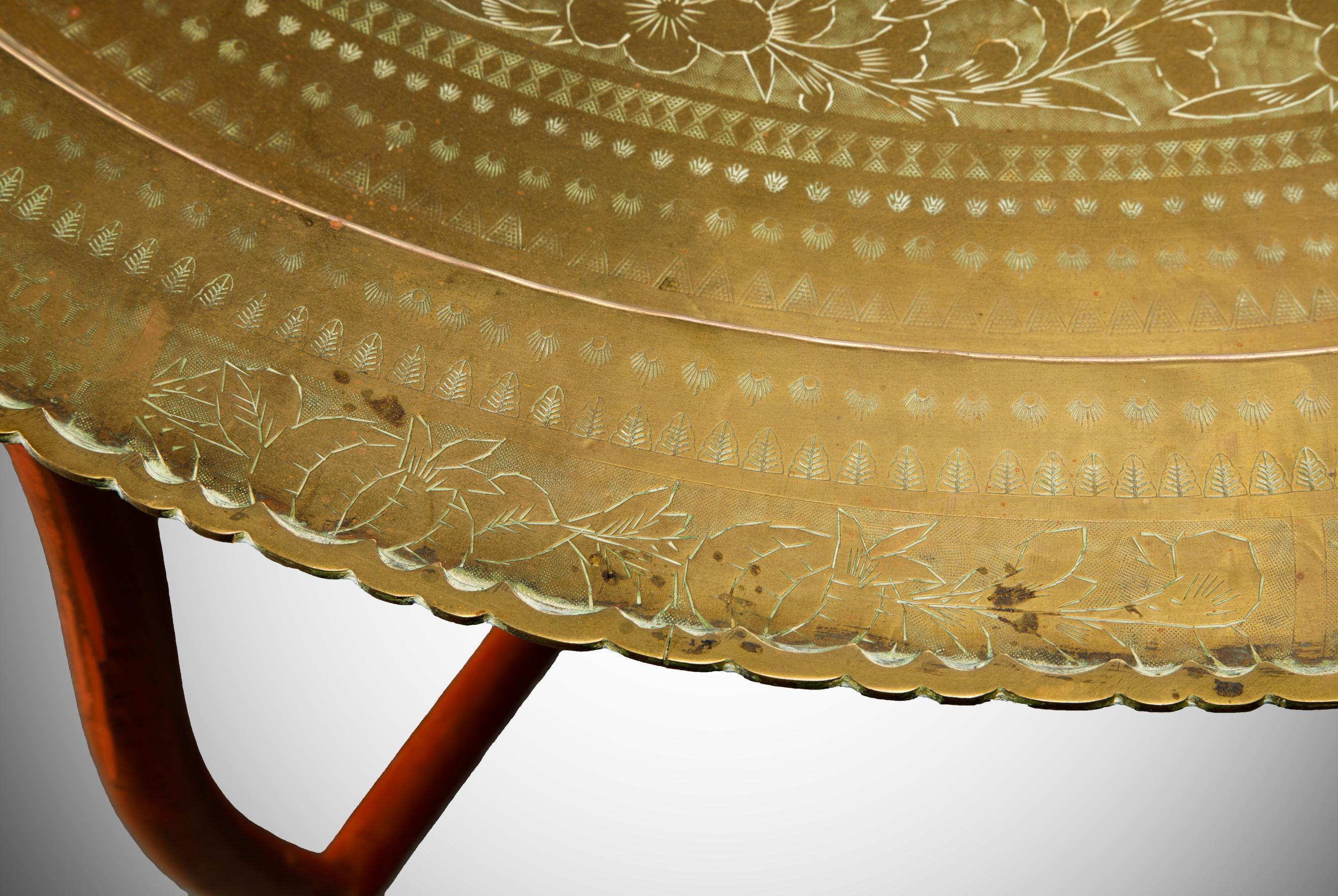 Asian Engraved and Hammered Brass Tray Table with Foldable Wood Base, c 1960s 4