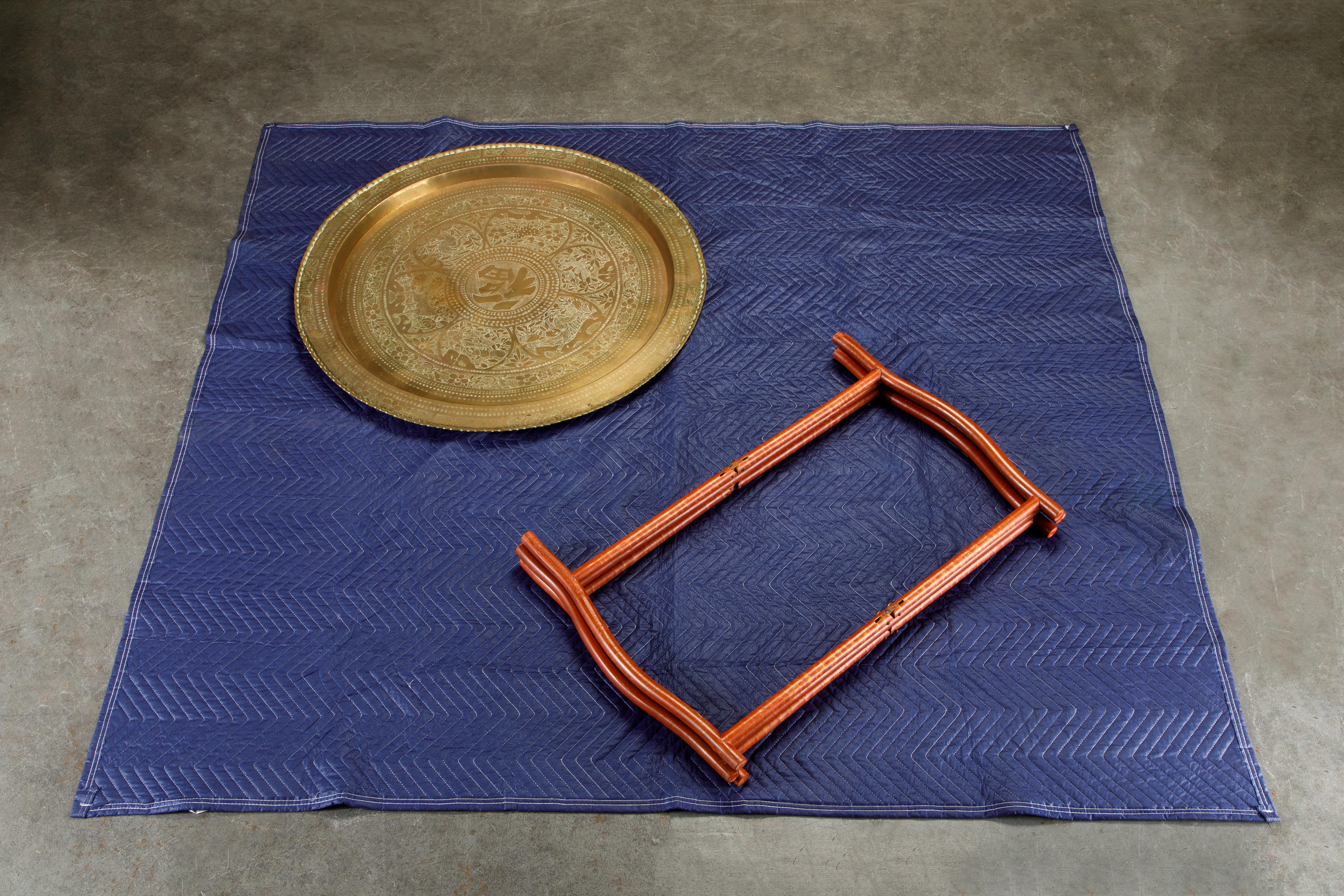 Asian Engraved and Hammered Brass Tray Table with Foldable Wood Base, c 1960s 12