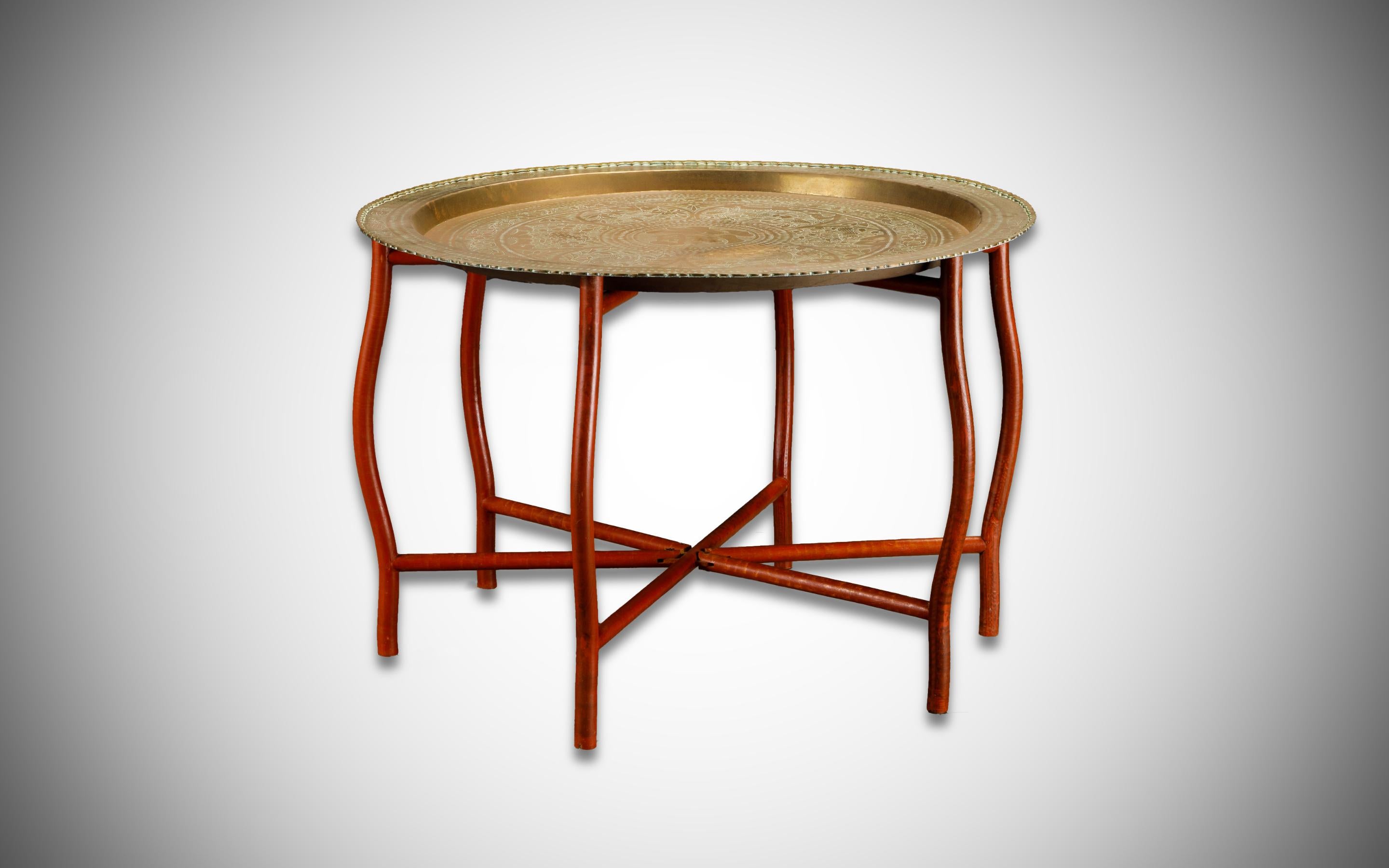 Mid-Century Modern Asian Engraved and Hammered Brass Tray Table with Foldable Wood Base, c 1960s