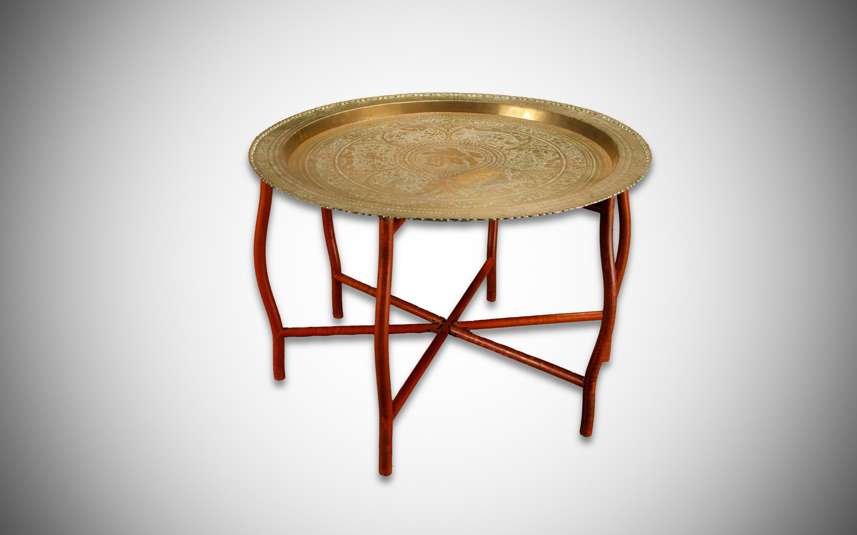 Mid-20th Century Asian Engraved and Hammered Brass Tray Table with Foldable Wood Base, c 1960s