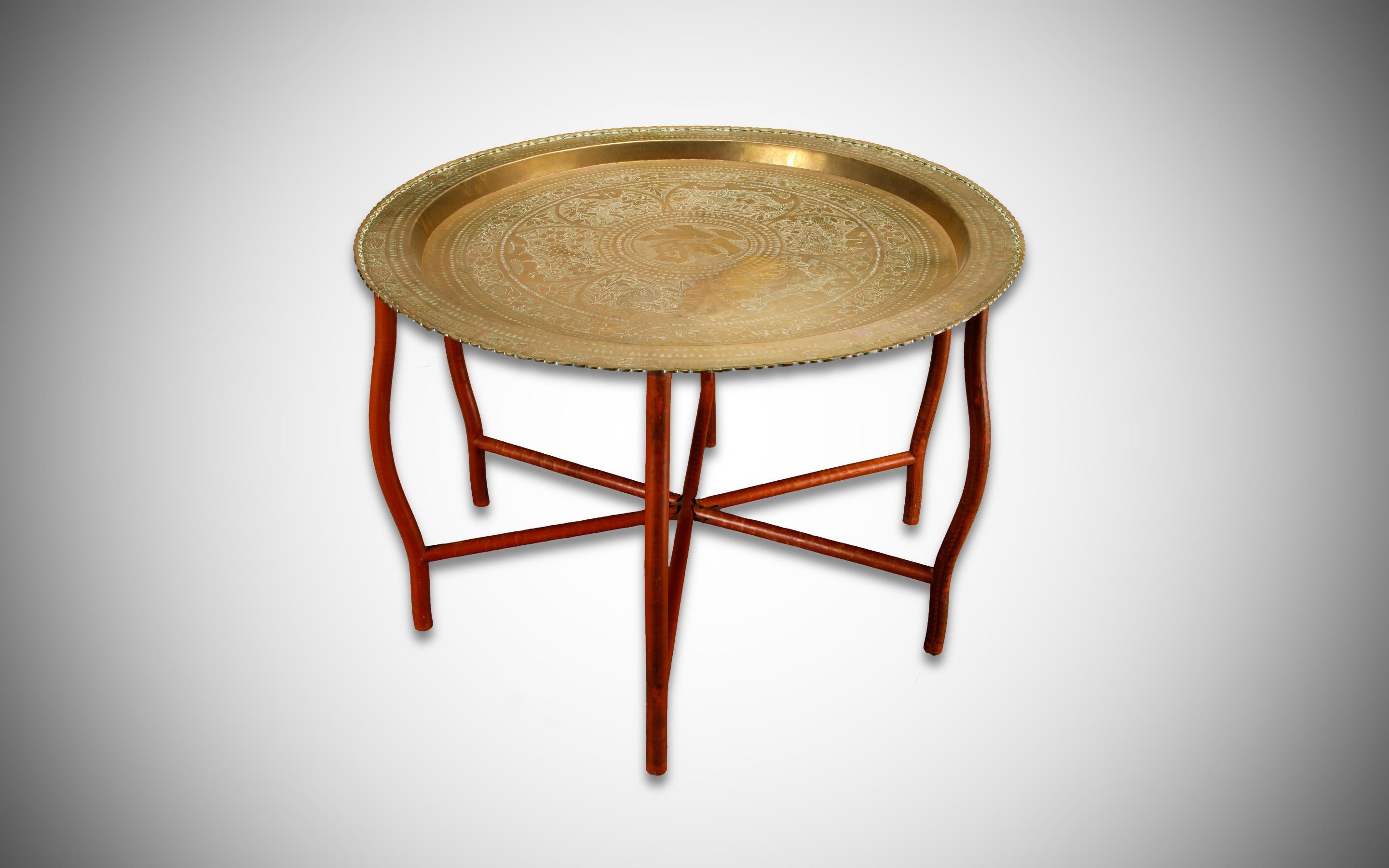 Asian Engraved and Hammered Brass Tray Table with Foldable Wood Base, c 1960s 1
