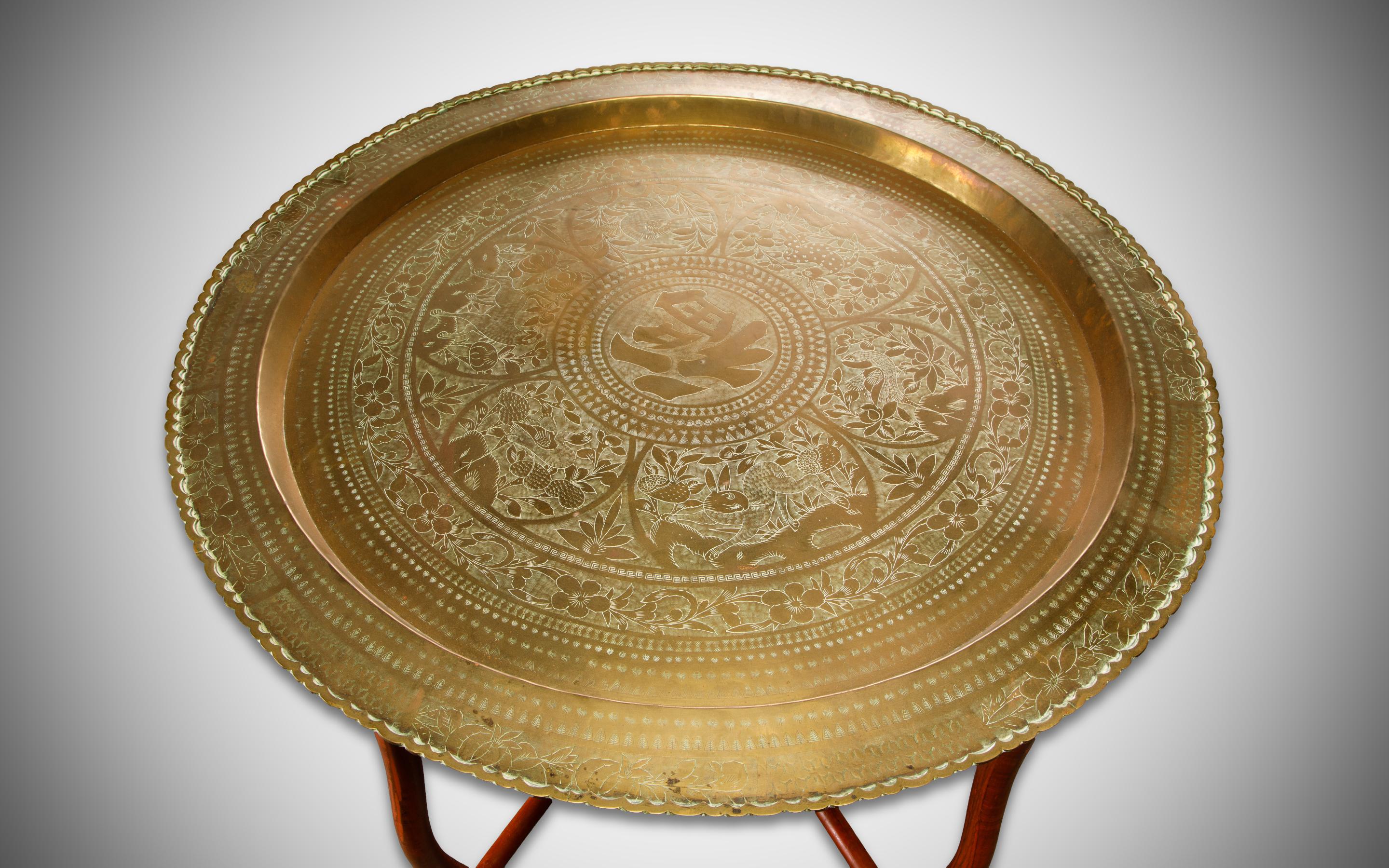 Asian Engraved and Hammered Brass Tray Table with Foldable Wood Base, c 1960s 2