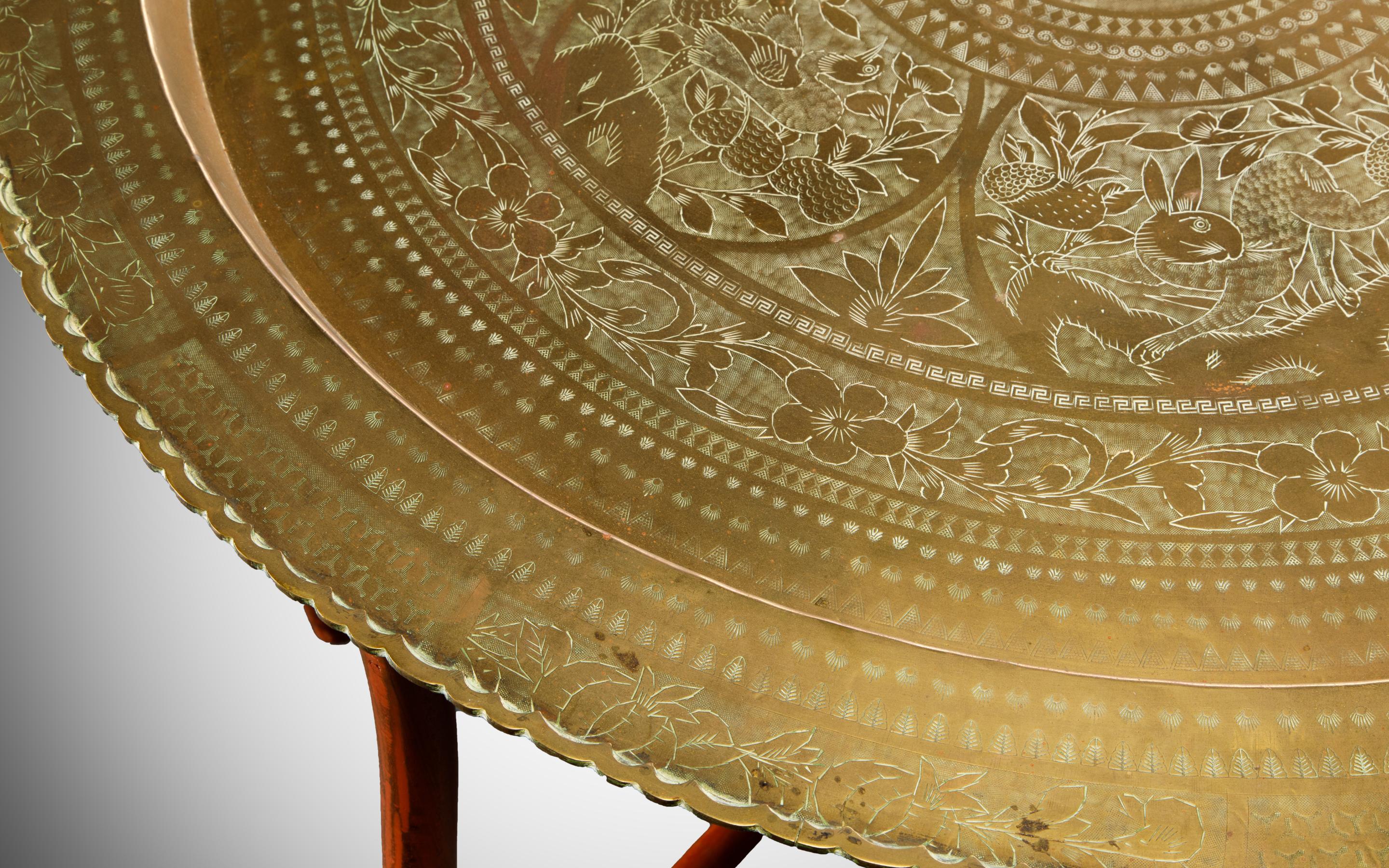 Asian Engraved and Hammered Brass Tray Table with Foldable Wood Base, c 1960s 3