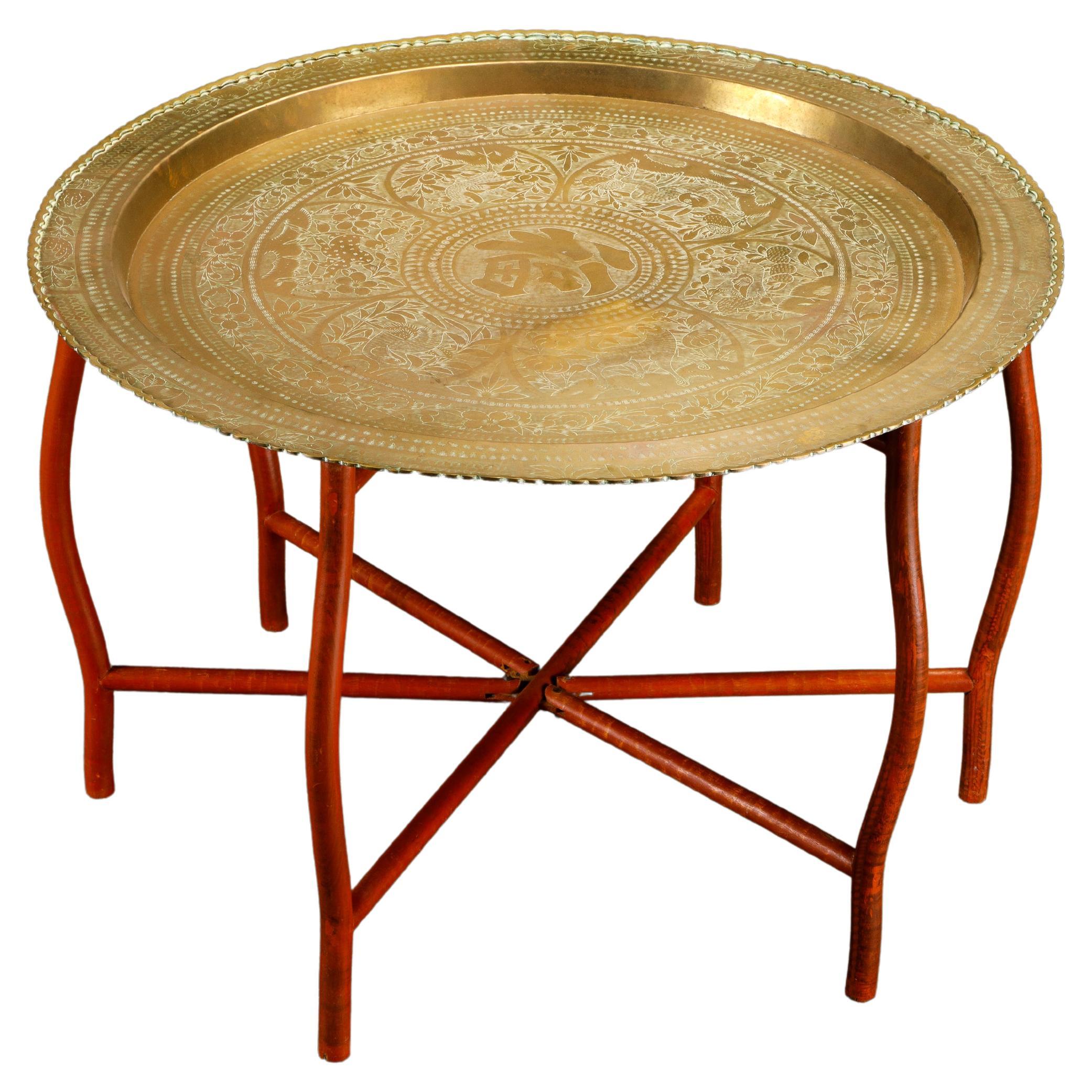 Asian Engraved and Hammered Brass Tray Table with Foldable Wood Base, c 1960s