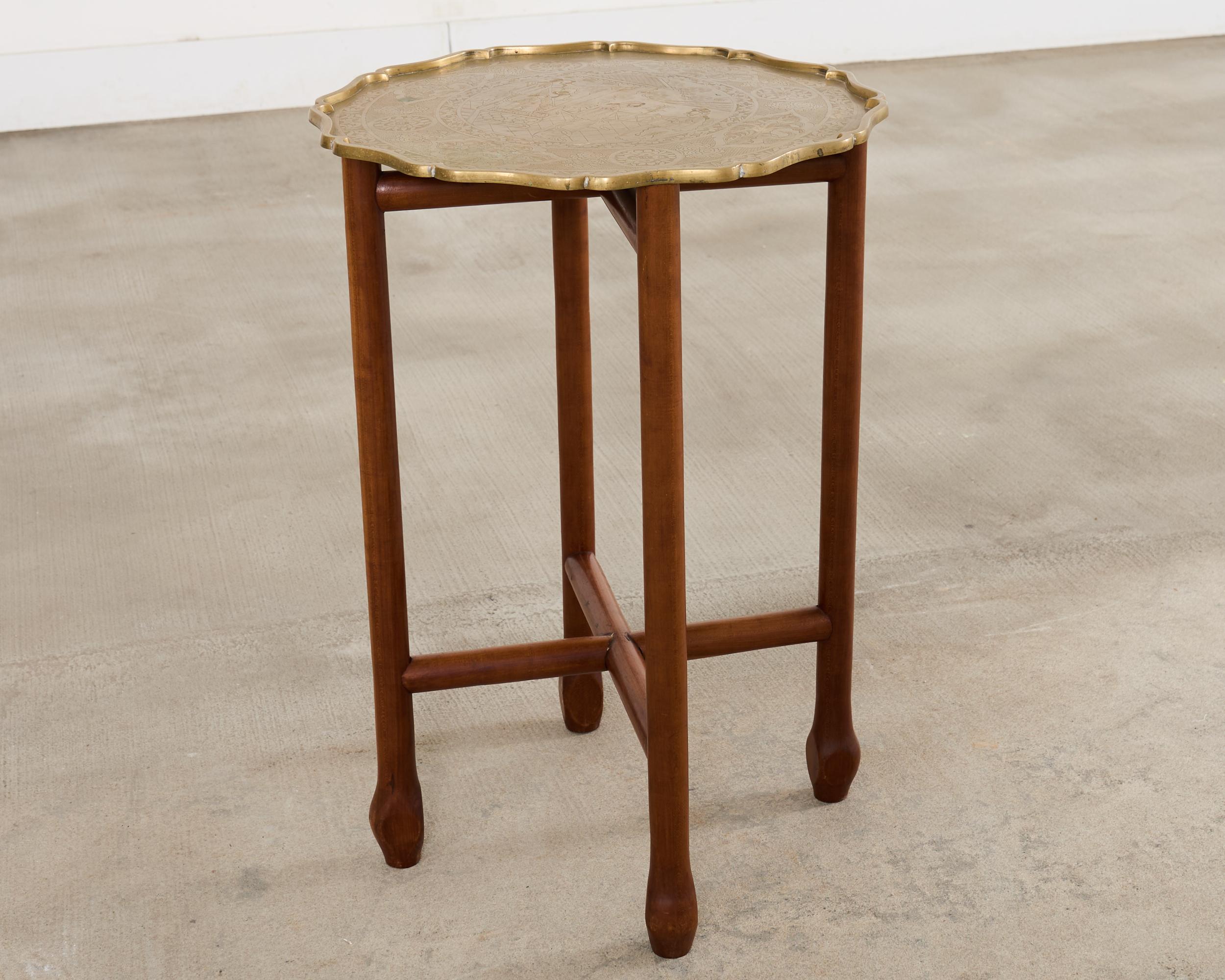 Asian Etched Brass Tray Table on Four Leg Stand For Sale 7