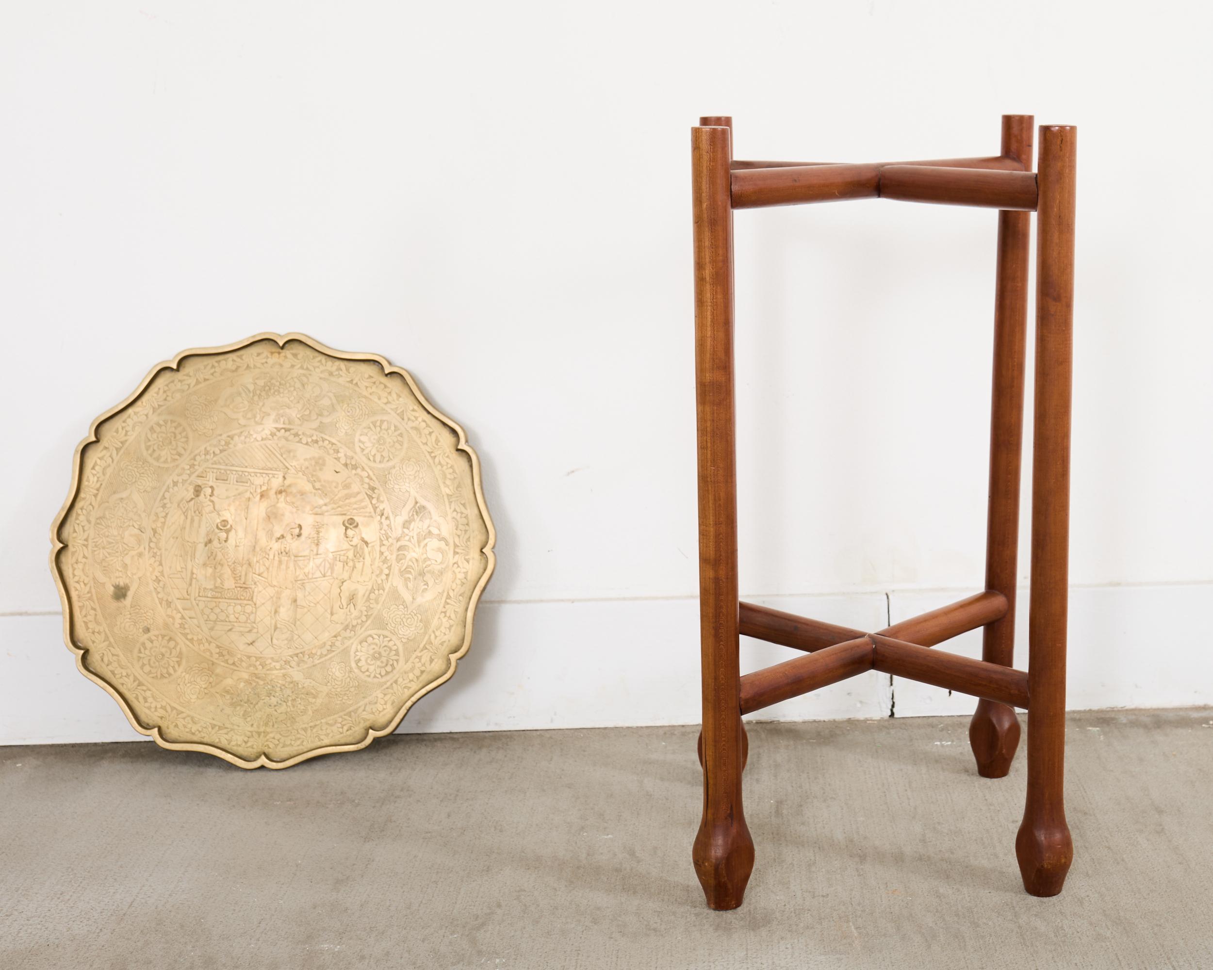 Asian Etched Brass Tray Table on Four Leg Stand For Sale 8