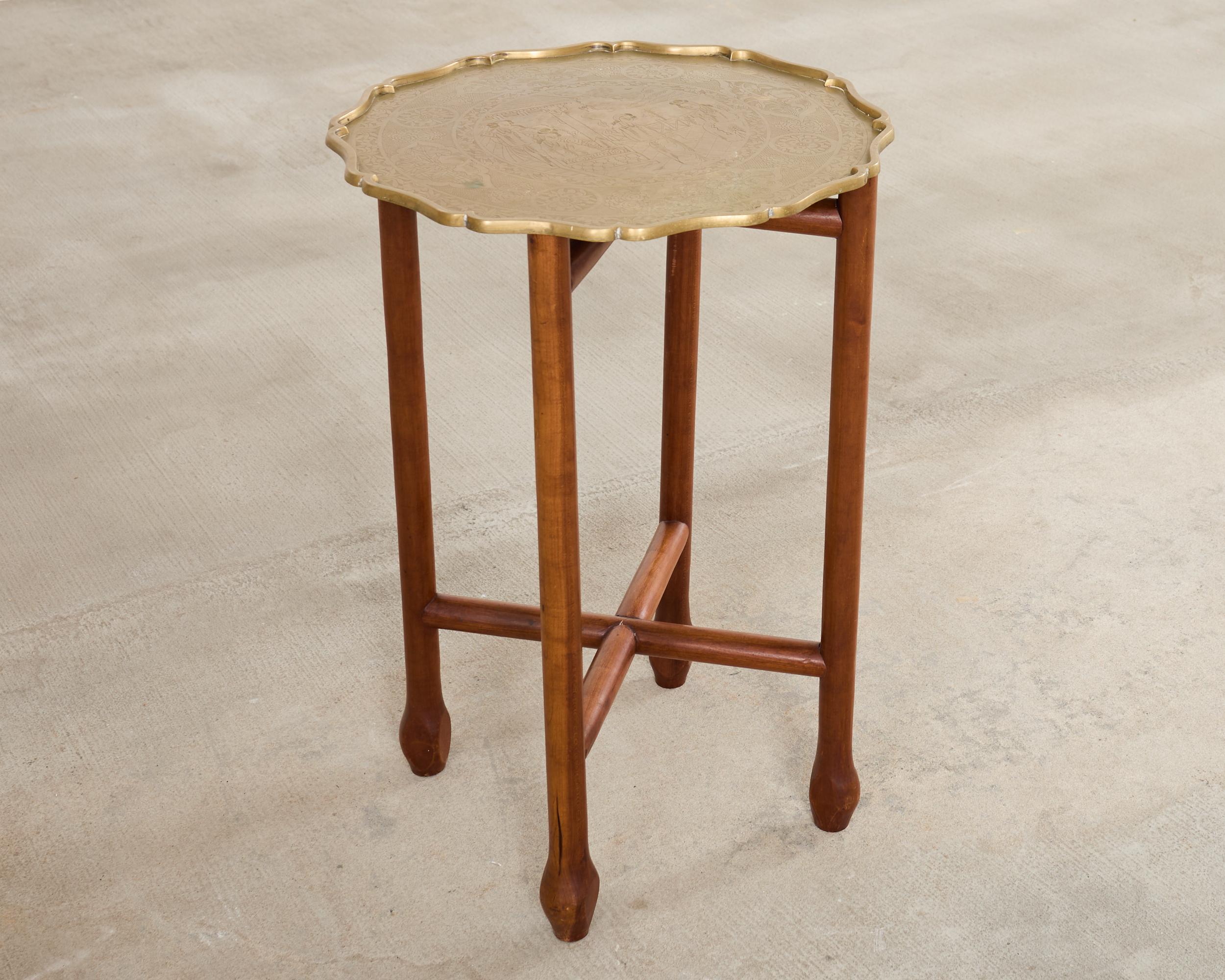 Mid-Century Modern Asian Etched Brass Tray Table on Four Leg Stand For Sale