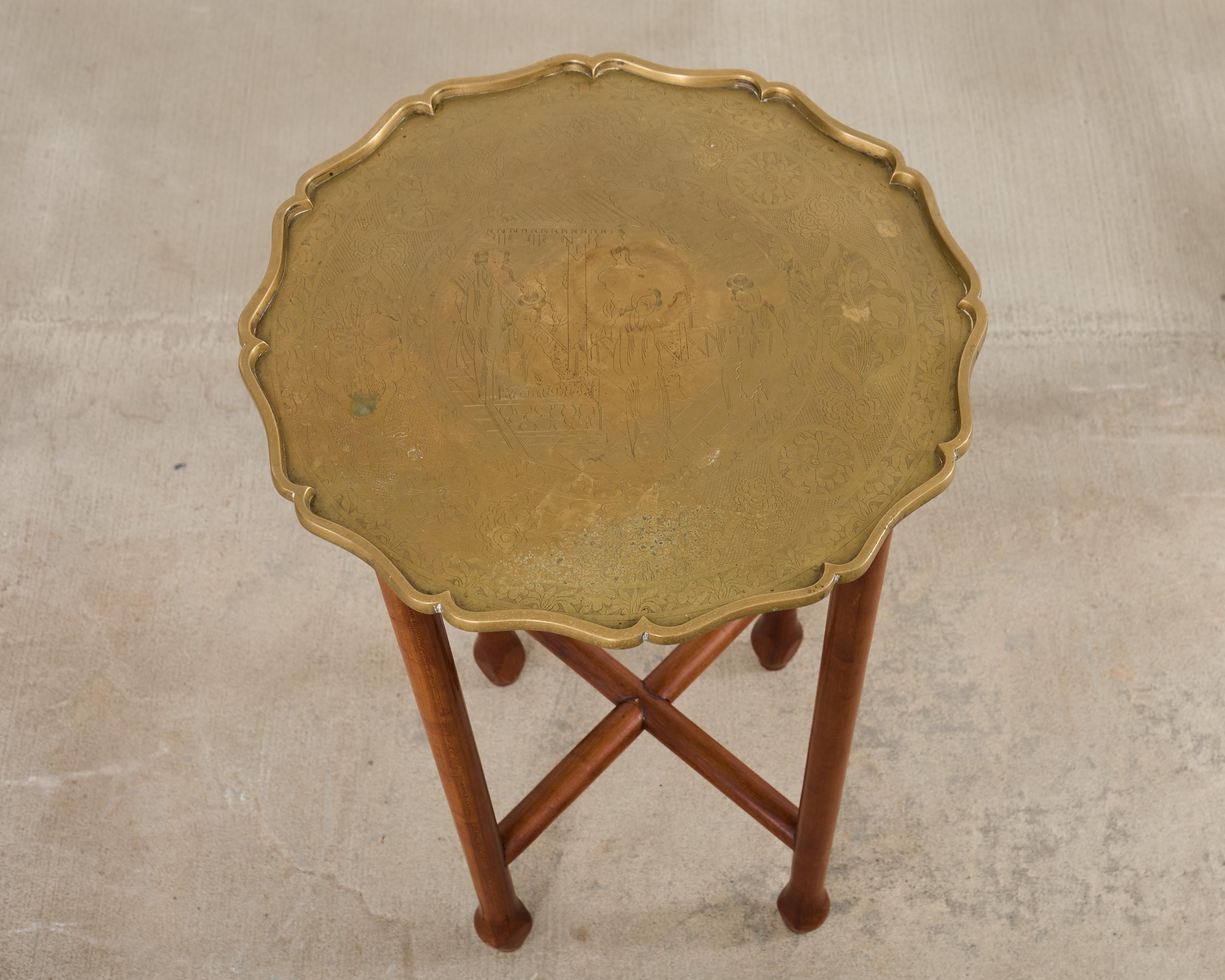 Chinese Asian Etched Brass Tray Table on Four Leg Stand For Sale
