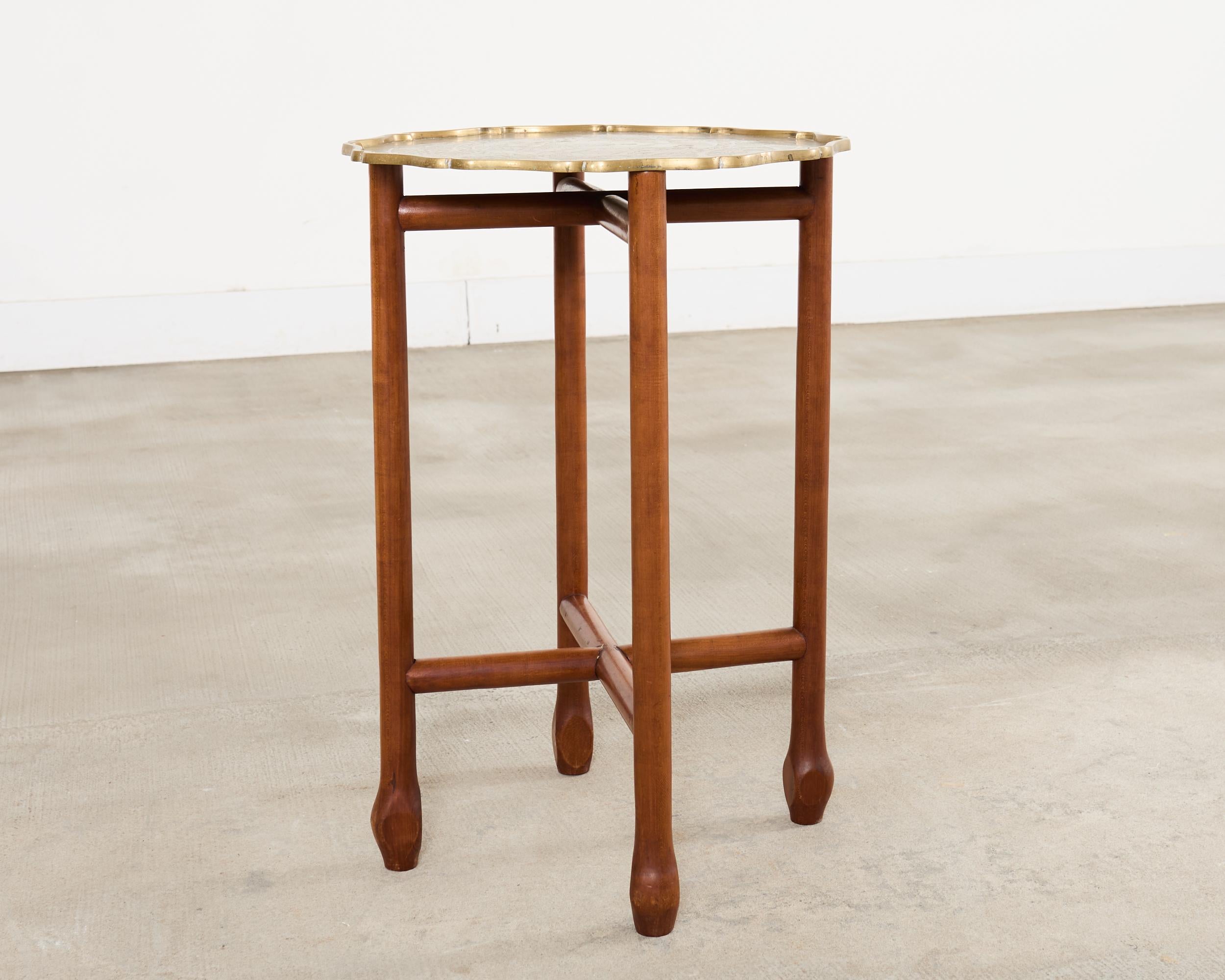 Asian Etched Brass Tray Table on Four Leg Stand In Good Condition For Sale In Rio Vista, CA