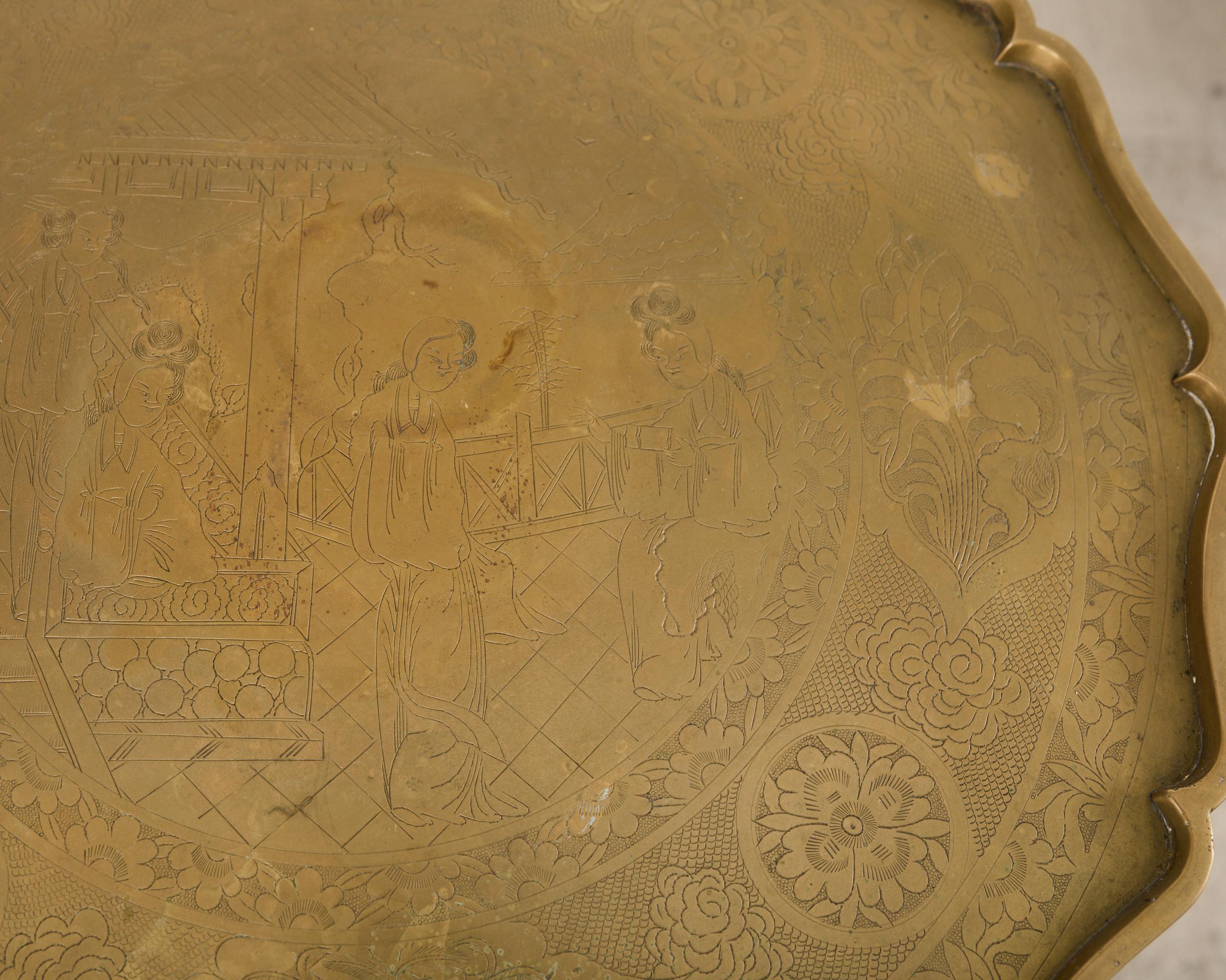 20th Century Asian Etched Brass Tray Table on Four Leg Stand For Sale