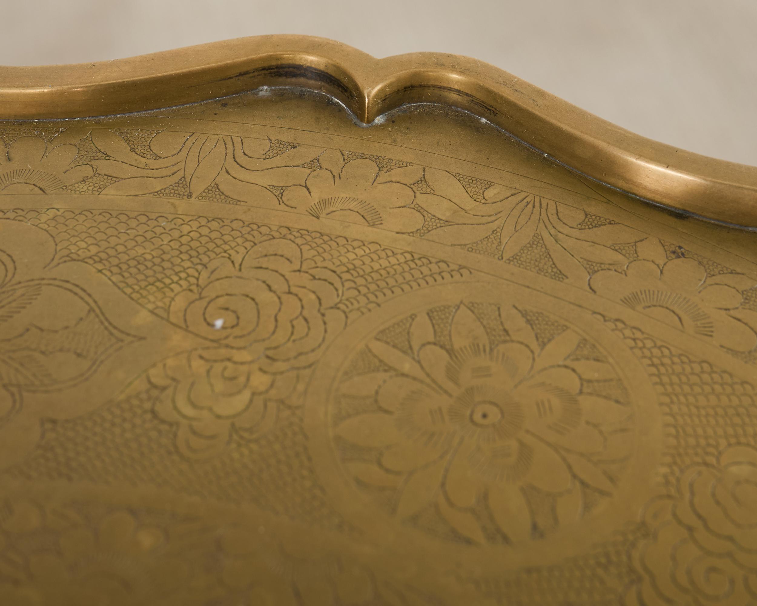 Asian Etched Brass Tray Table on Four Leg Stand For Sale 1
