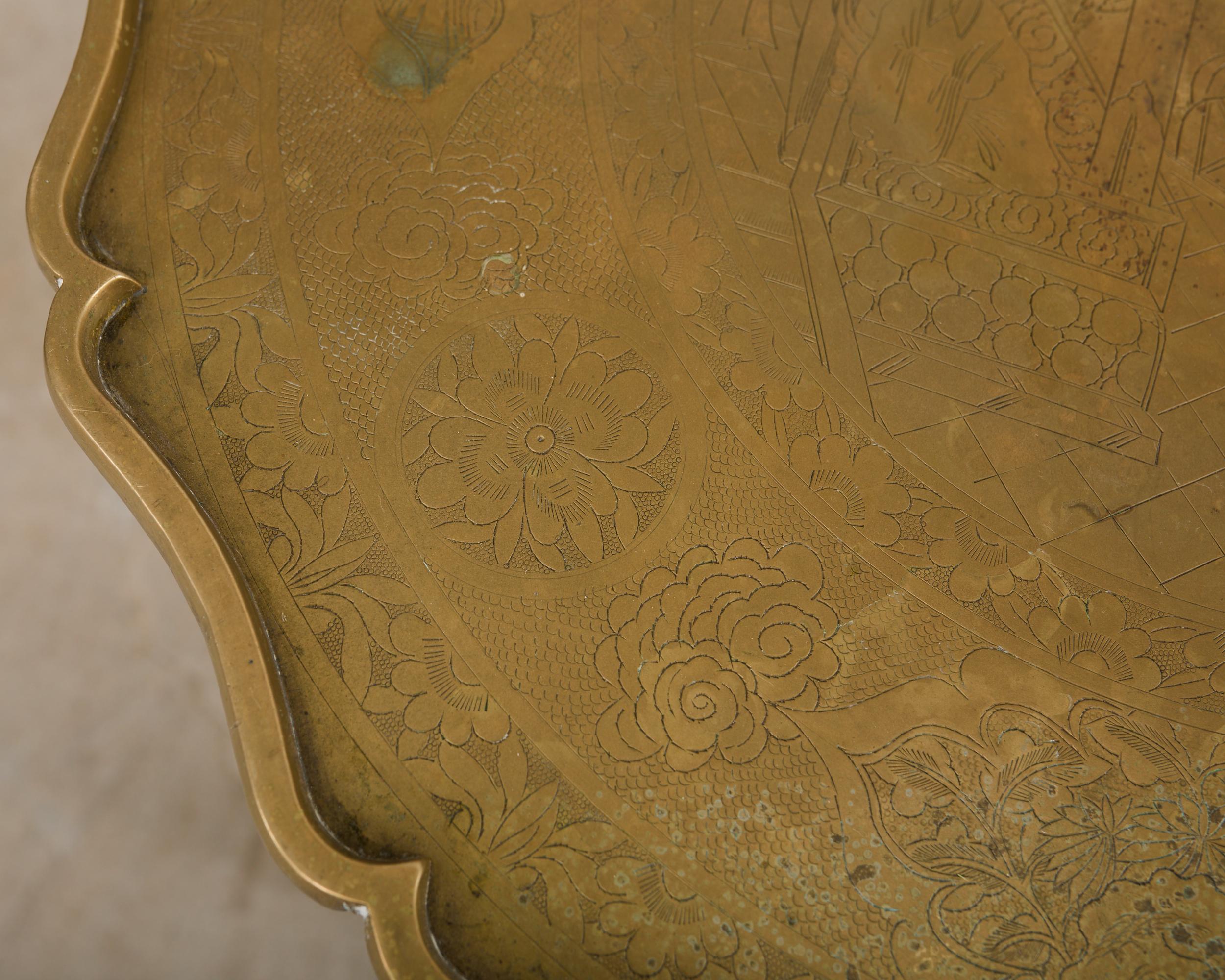 Asian Etched Brass Tray Table on Four Leg Stand For Sale 2