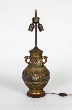 Asian Etched Bronze & Champleve Enamel Urn Vase as Lamp