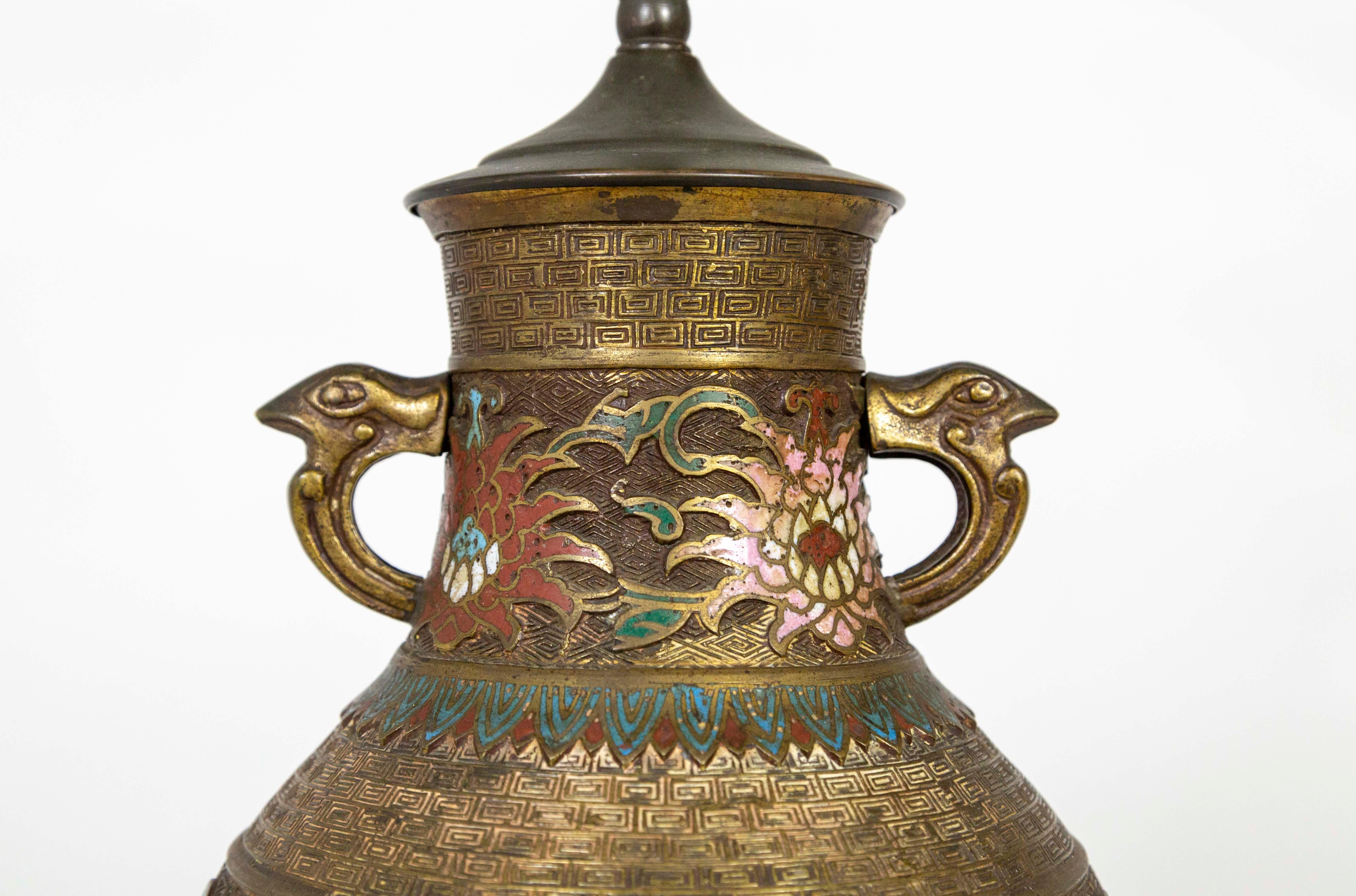 Carved Asian Etched Bronze & Champleve Enamel Urn Vase as Lamp For Sale