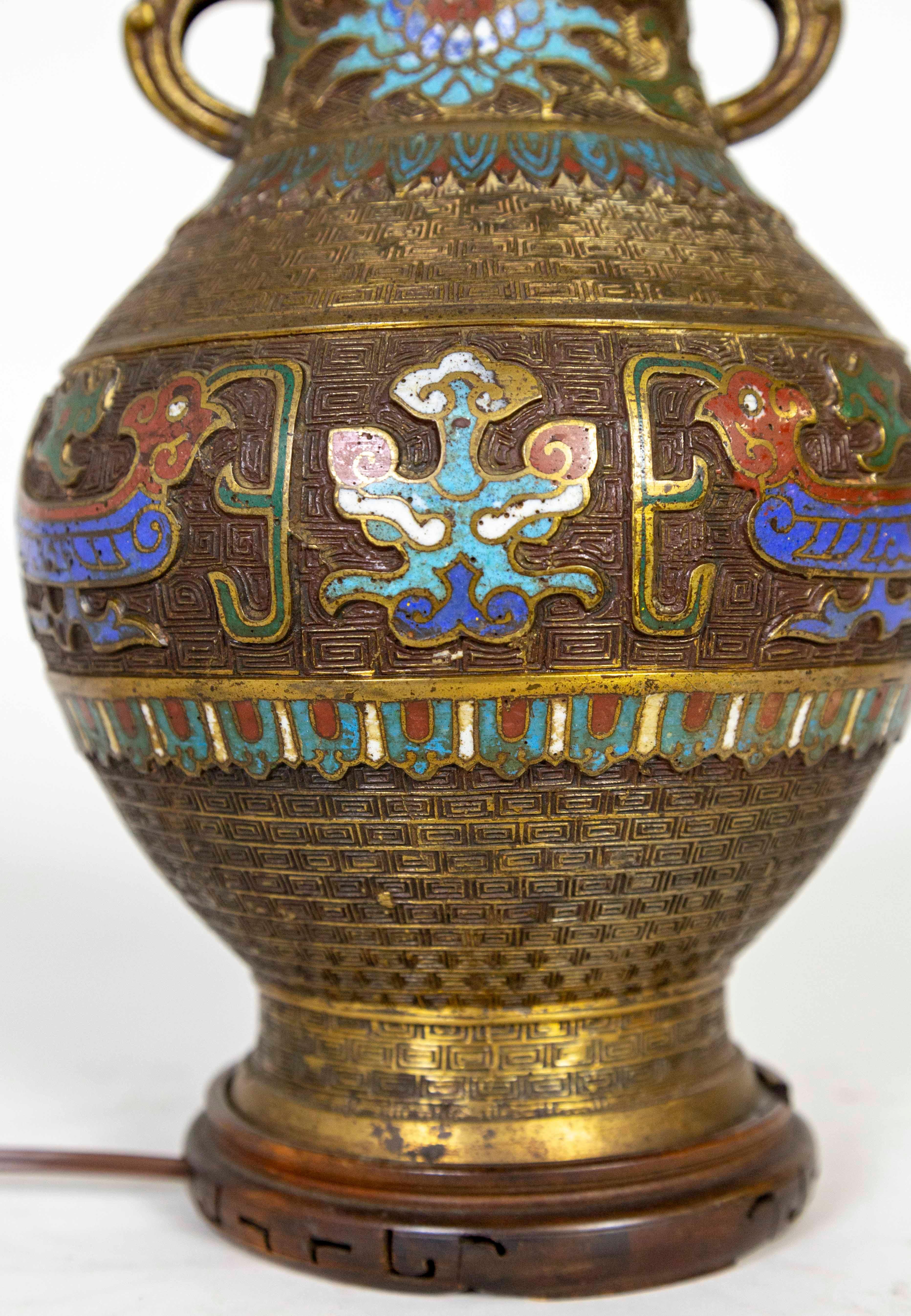 Asian Etched Bronze & Champleve Enamel Urn Vase as Lamp For Sale 2