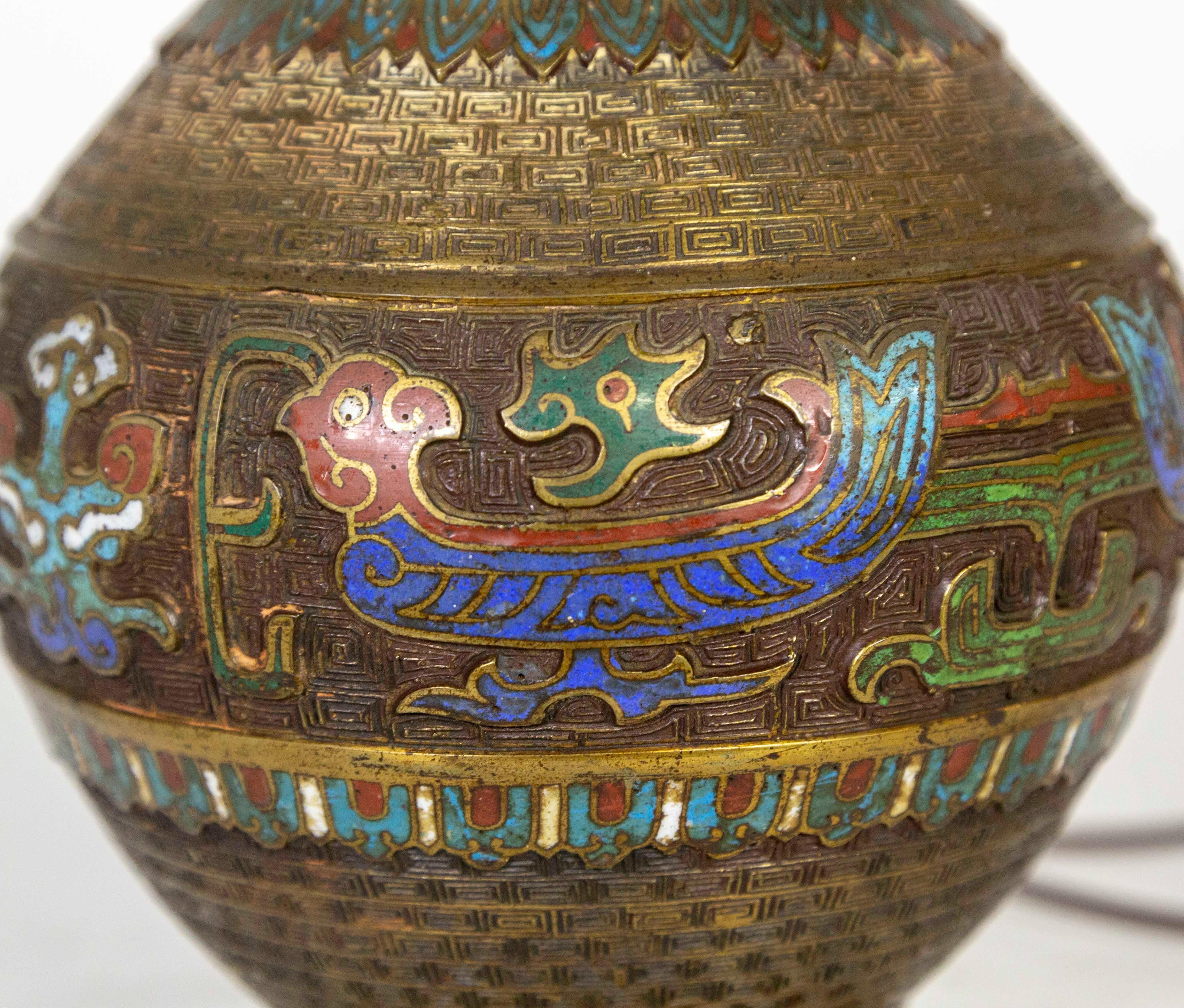 Asian Etched Bronze & Champleve Enamel Urn Vase as Lamp For Sale 4