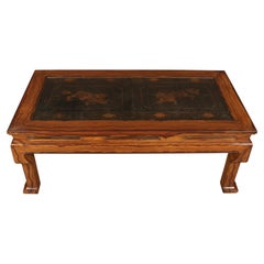 Asian Exotic Wood Table with Decorated Inset Panel