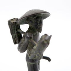 Asian Farmer Bronze Figurine, 19th Century Folk Art Sculpture, Asia