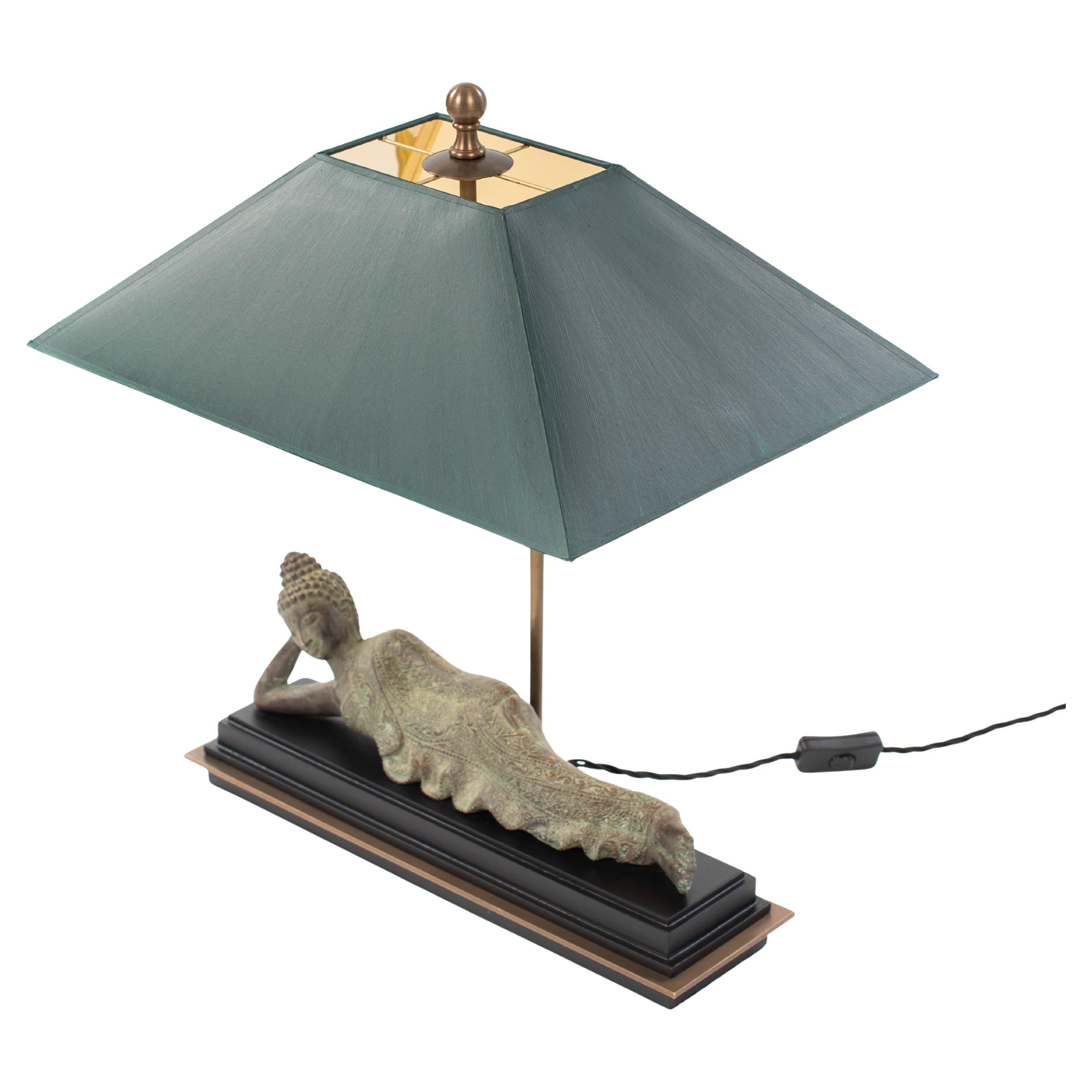 Asian Figural Bronze Table Lamp of a Lying Buddha with Green Shade Myanmar 1920s