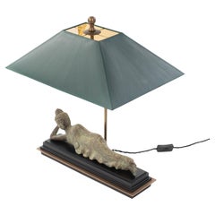 Antique Asian Figural Bronze Table Lamp of a Lying Buddha with Green Shade Myanmar 1920s