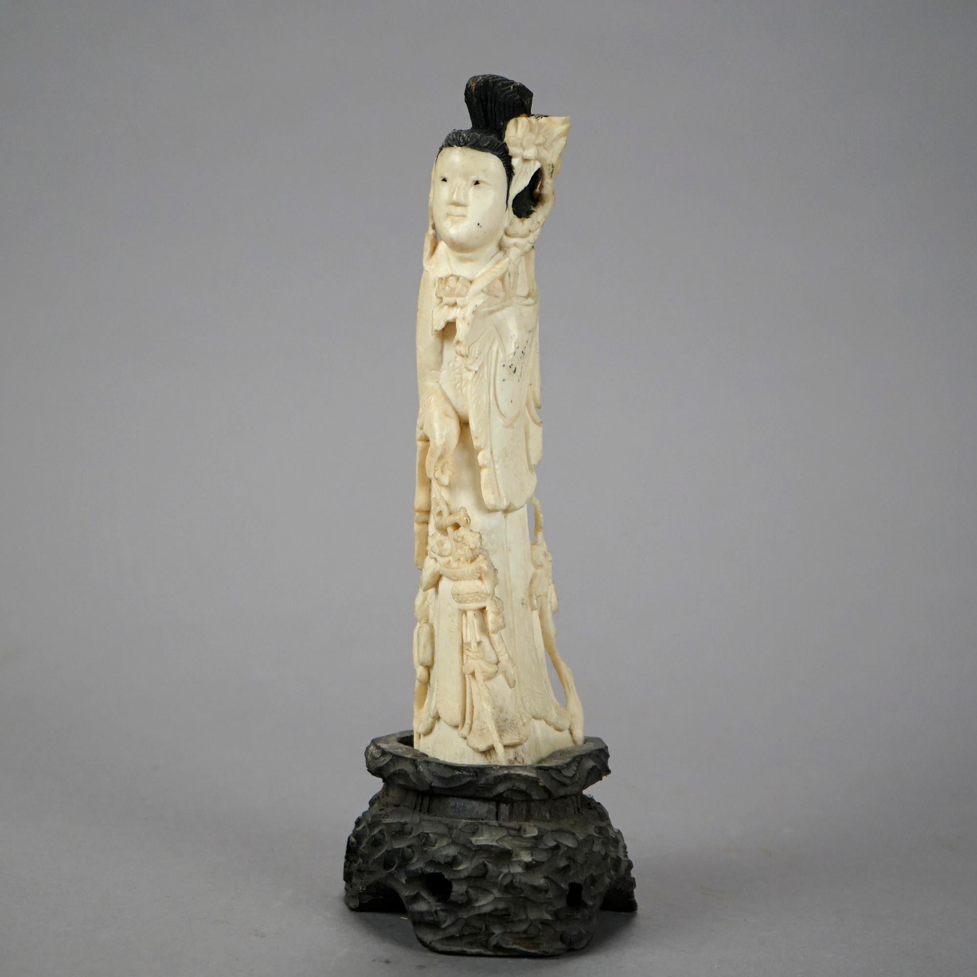 Asian Figural Carved Bone Wise Man and Woman on Hardwood Bases 20th C 2