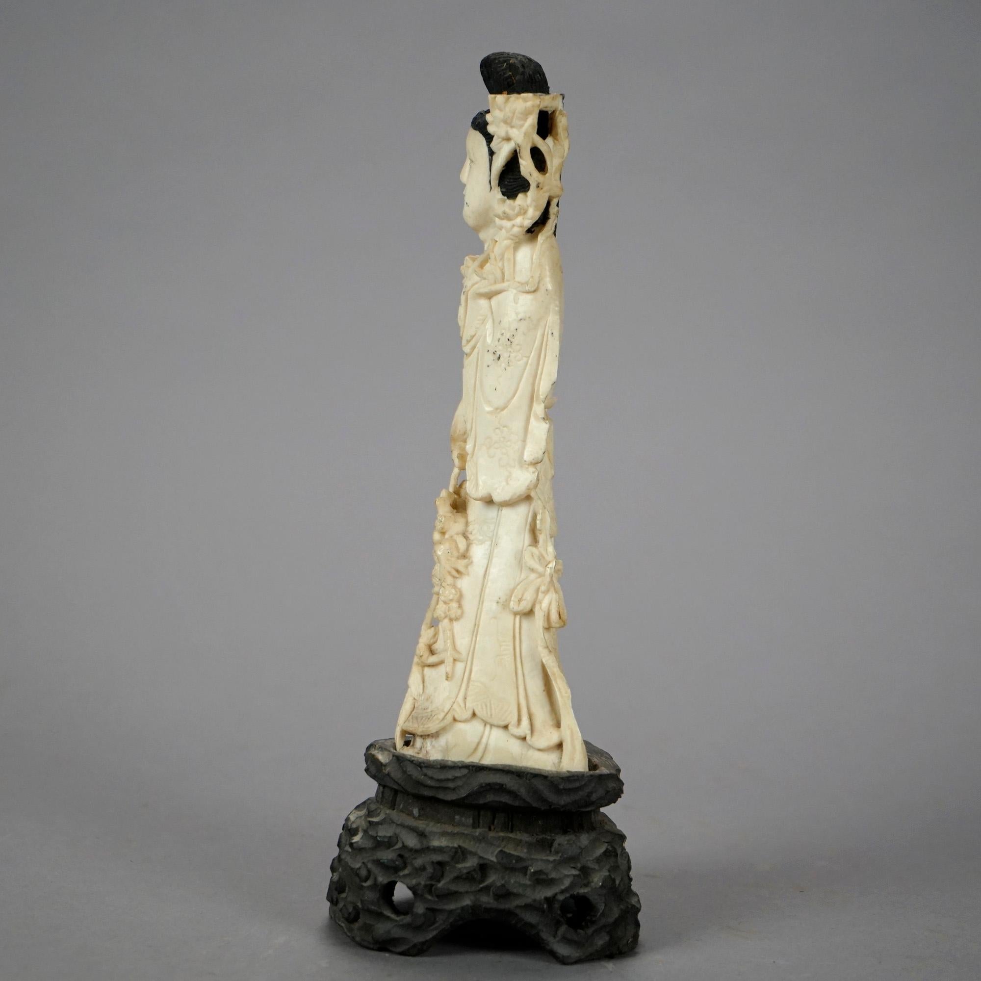 Asian Figural Carved Bone Wise Man and Woman on Hardwood Bases 20th C 3