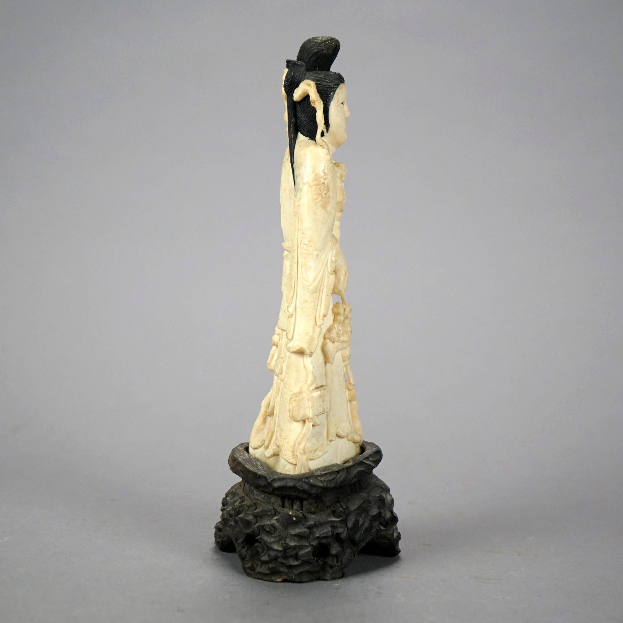 Asian Figural Carved Bone Wise Man and Woman on Hardwood Bases 20th C 4