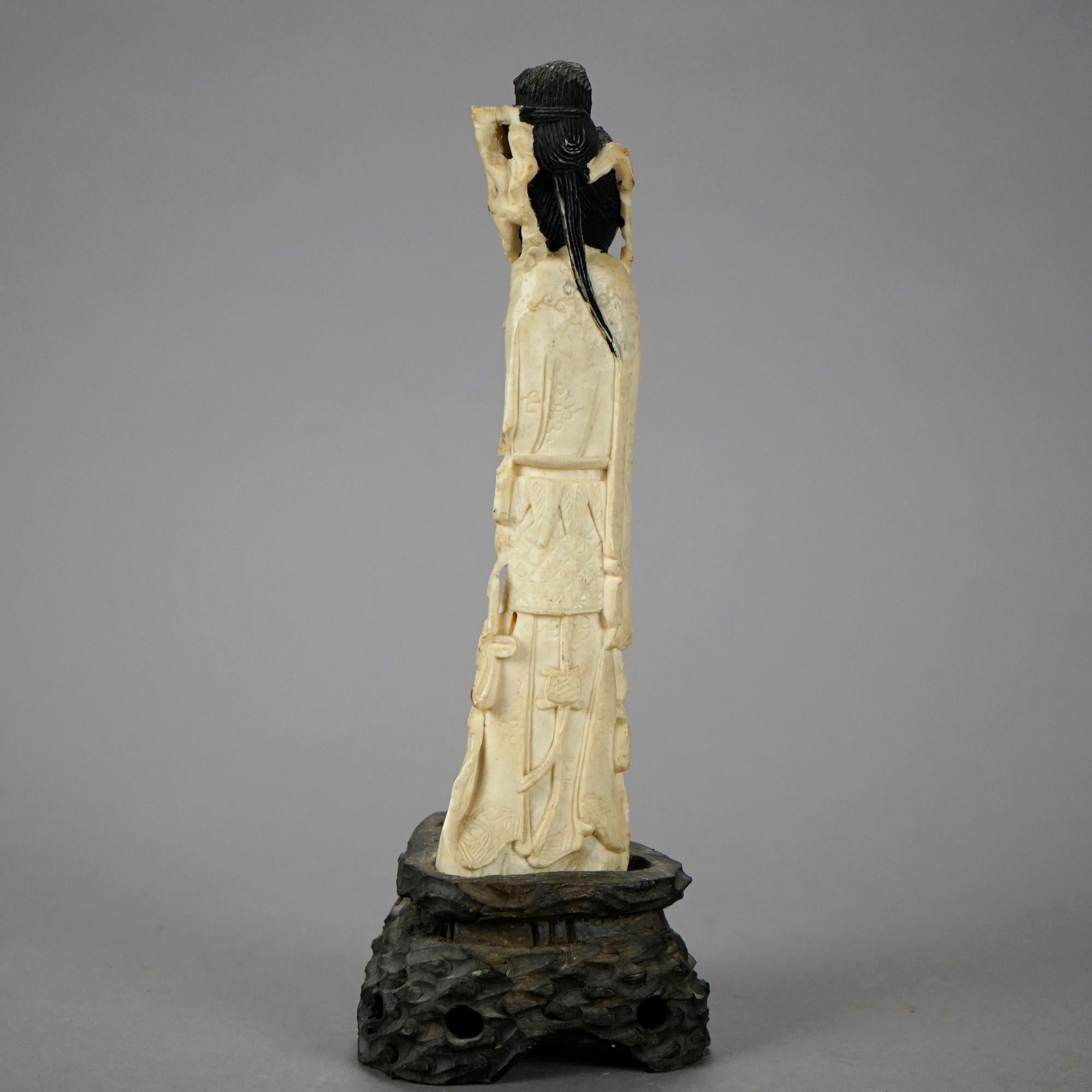 Asian Figural Carved Bone Wise Man and Woman on Hardwood Bases 20th C 5