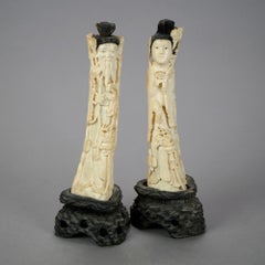 Asian Figural Carved Bone Wise Man and Woman on Hardwood Bases 20th C
