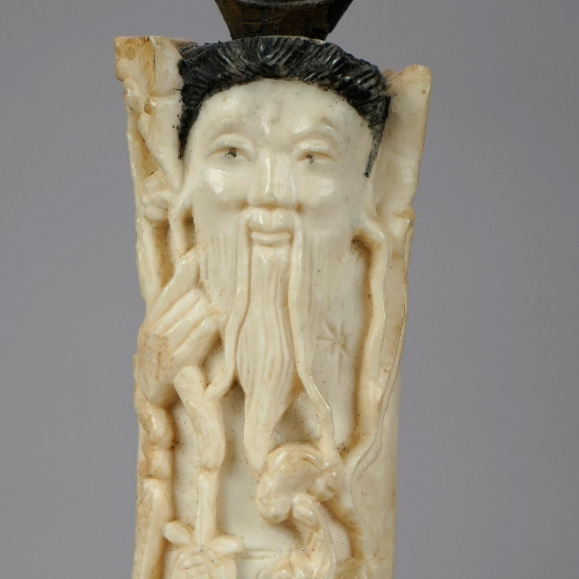 Chinese Asian Figural Carved Bone Wise Man and Woman on Hardwood Bases 20th C