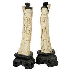 Asian Figural Carved Bone Wise Man and Woman on Hardwood Bases 20th C