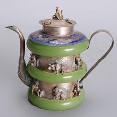 Asian Figural Jade, Cloisonné and Silver Teapots and Covered Jar, 20th Century