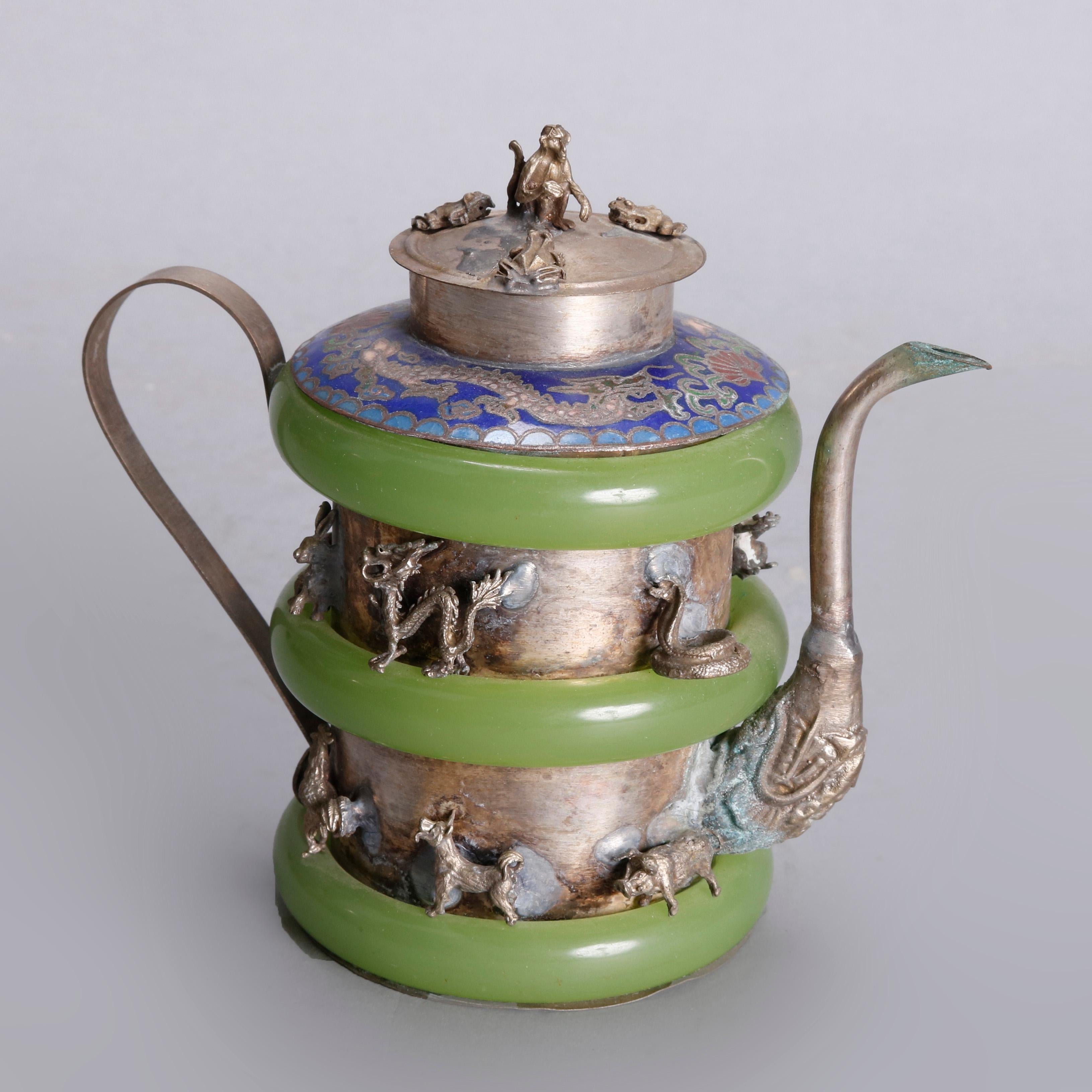 Asian Figural Jade, Cloisonné and Silver Teapots and Covered Jar, 20th Century In Good Condition In Big Flats, NY