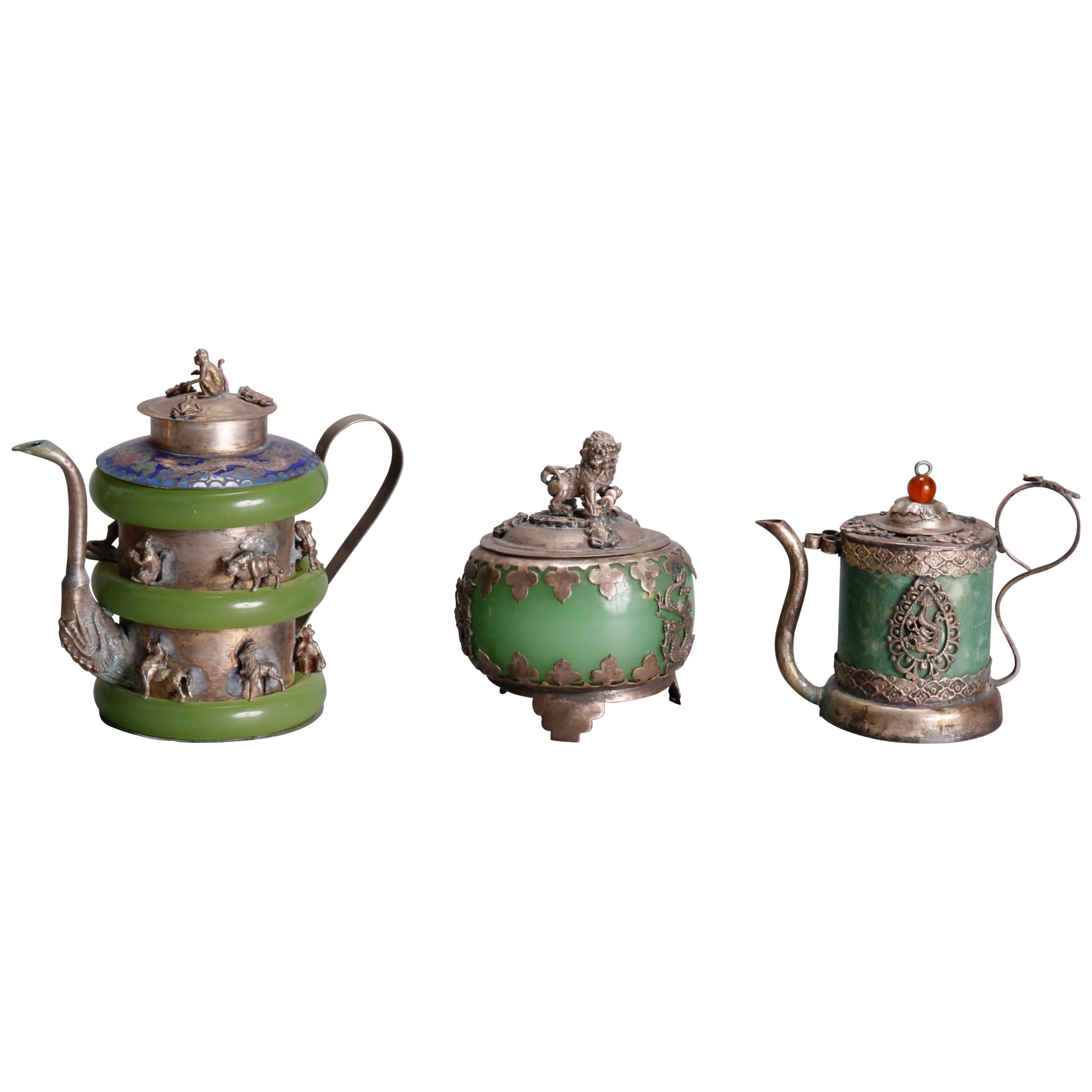Asian Figural Jade, Cloisonné and Silver Teapots and Covered Jar, 20th Century