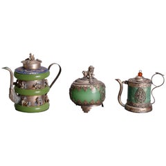 Vintage Asian Figural Jade, Cloisonné and Silver Teapots and Covered Jar, 20th Century