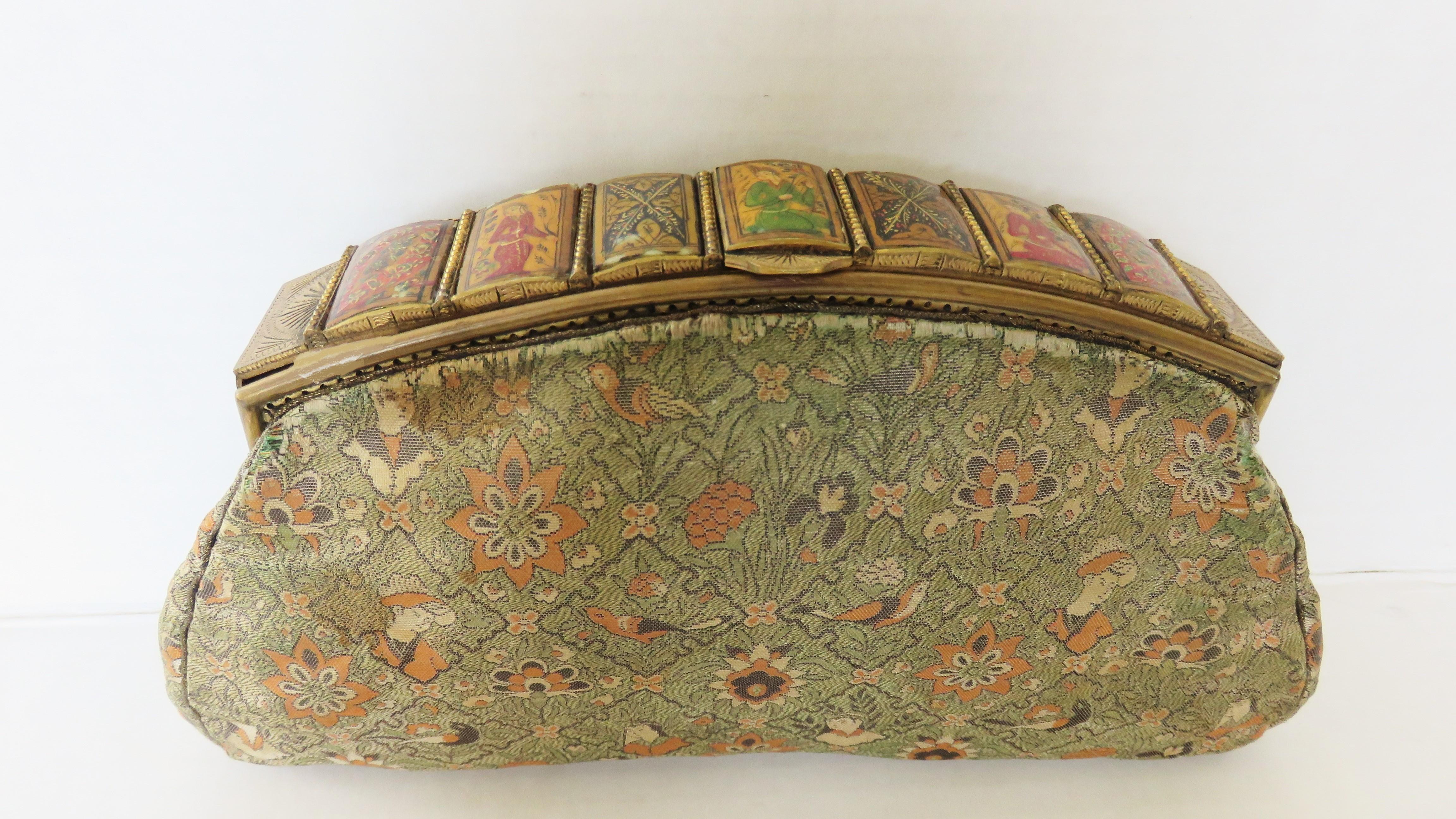 Brown Asian Figure Motif Brocade Clutch with Painted Figures Tile Top 1930s For Sale