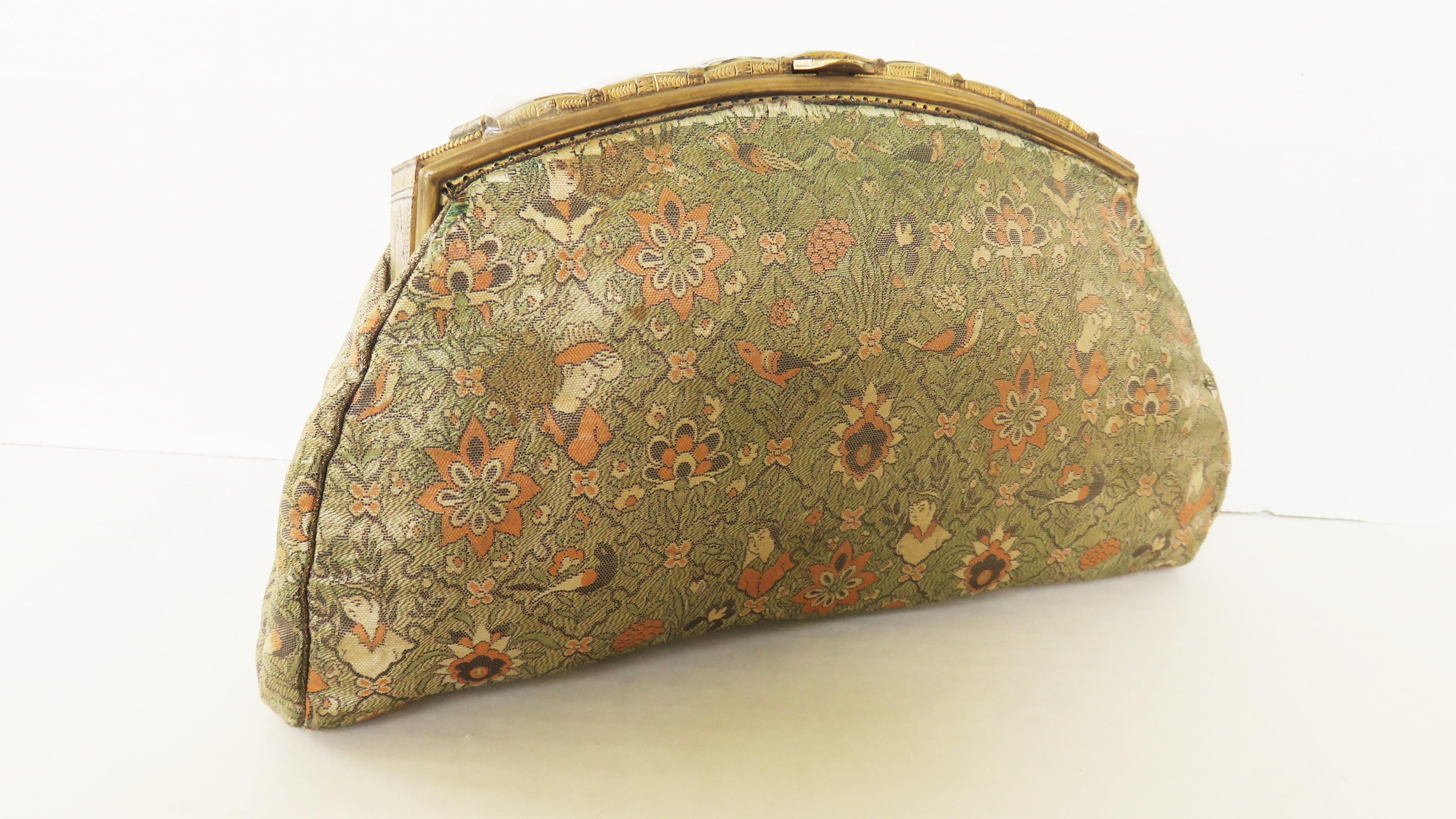 Asian Figure Motif Brocade Clutch with Painted Figures Tile Top 1930s For Sale 5
